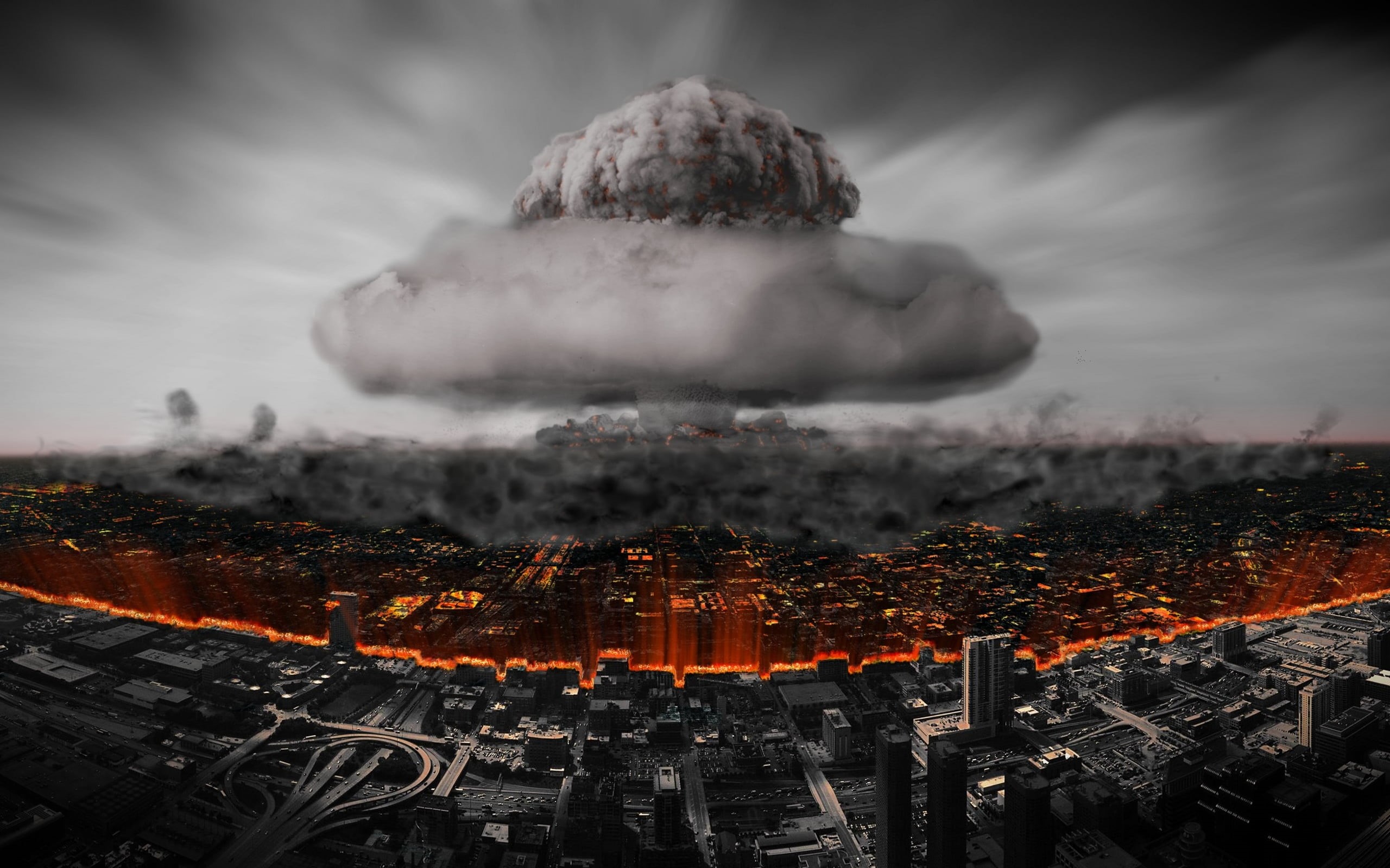  apocalyptic, no people, tree, land, building, mountain, tower, explosion, urban Skyline, bombs, cloud - Sky, digital, famous Place, street, sky, HD Wallpaper
