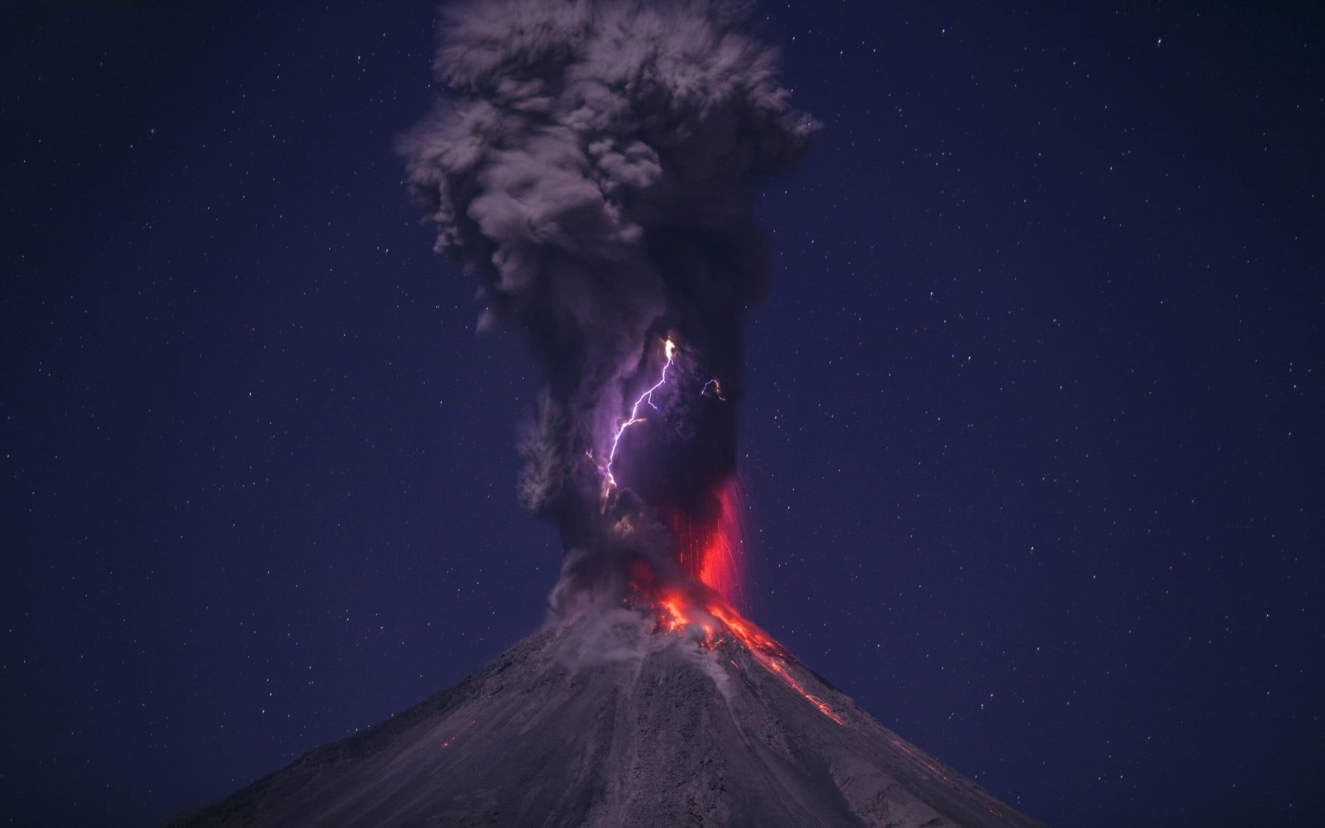 lightning, 1080P, night, volcano, erupting, lava, volcanic crater, natural disaster, nature, environment, land, beauty in nature, power in nature, gray, HD Wallpaper