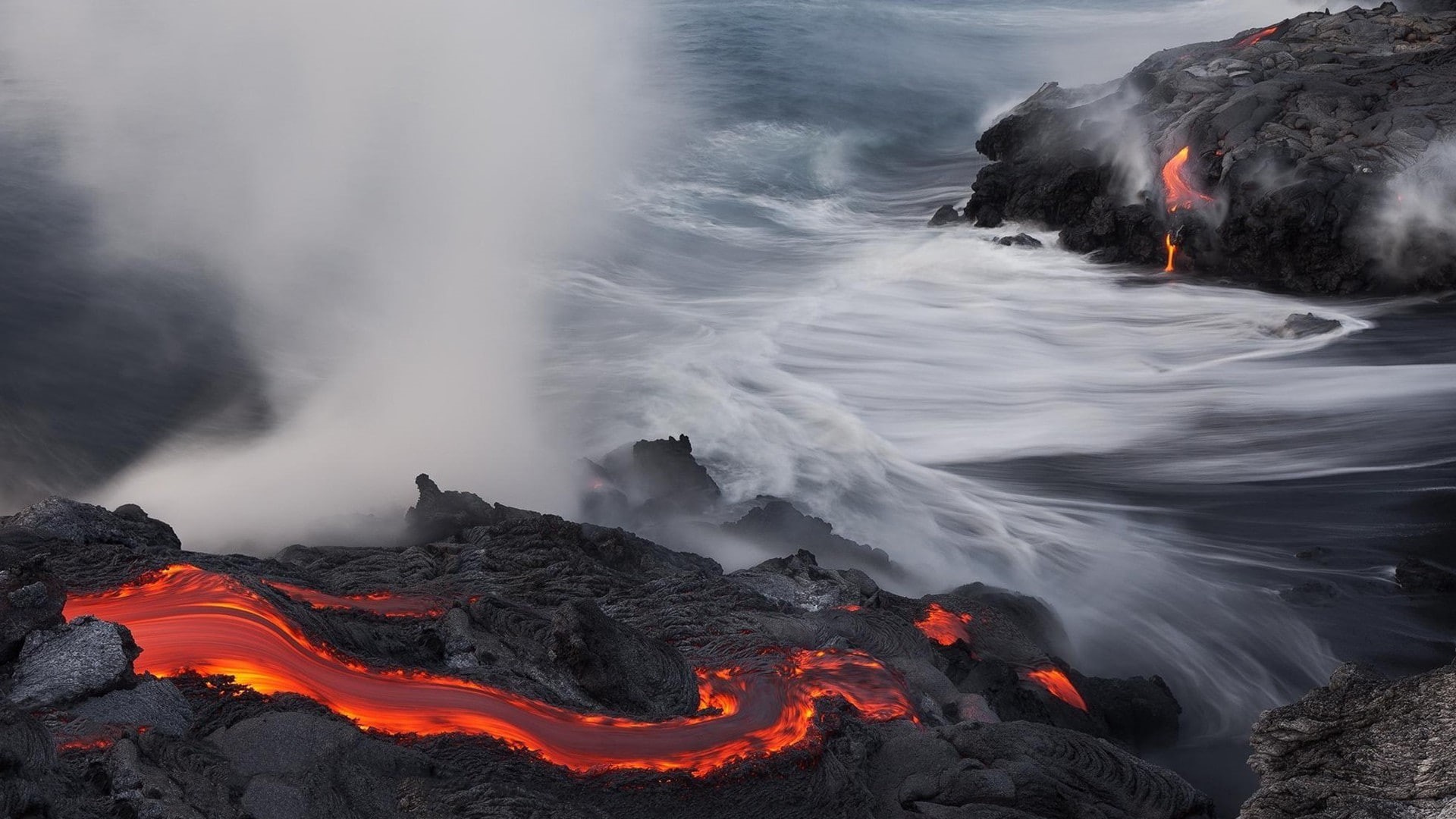 motion, solid, flowing, geology, 1080P, water, active volcano, sea, land, beauty in nature, mountain, physical geography, lava, nature, power in nature, HD Wallpaper