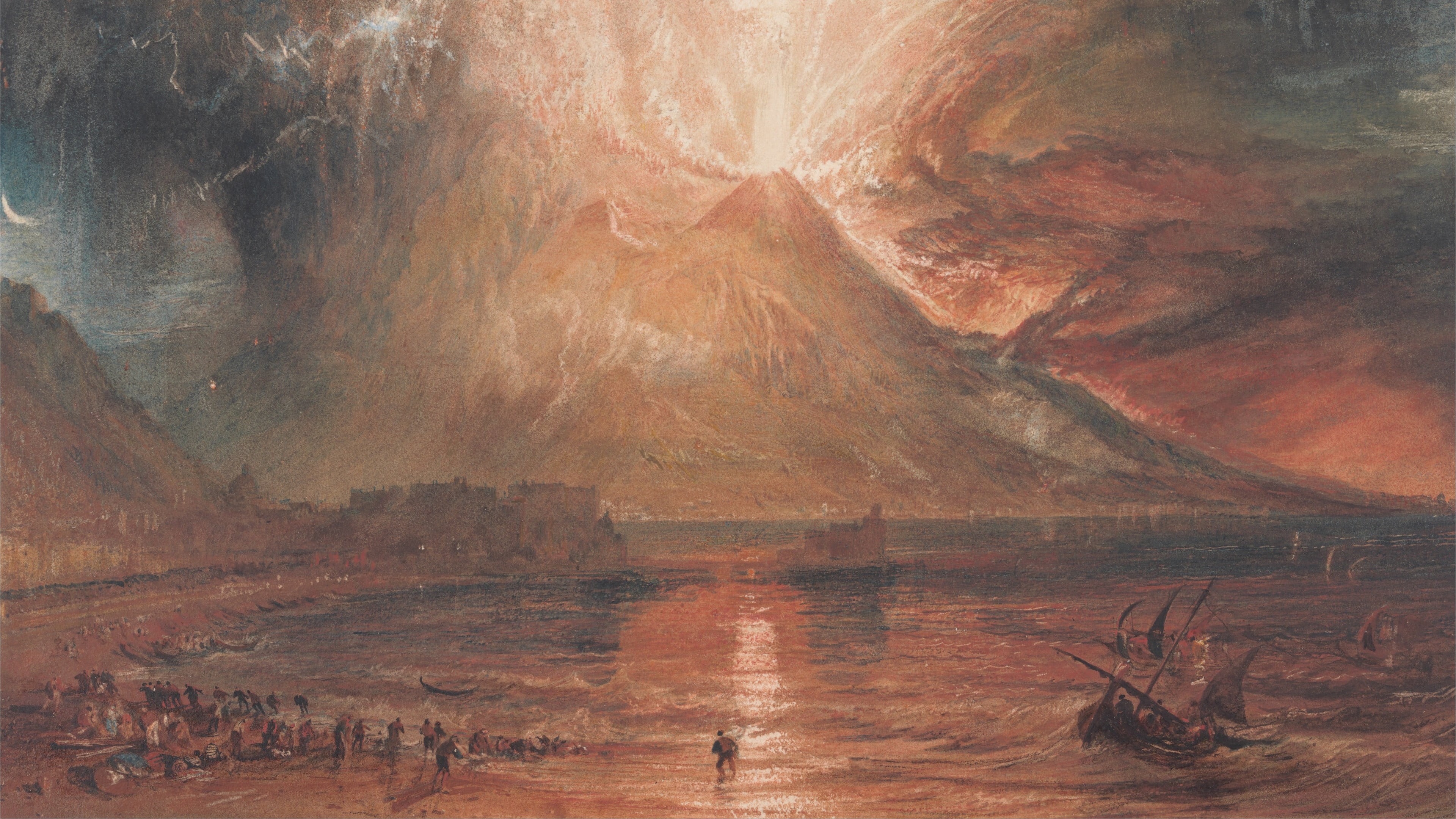 volcano, idyllic, J. M. W. Turner, scenics - nature, water, tranquil scene, 4K, landscape, travel, boat, geology, non-urban scene, beauty in nature, travel destinations, HD Wallpaper