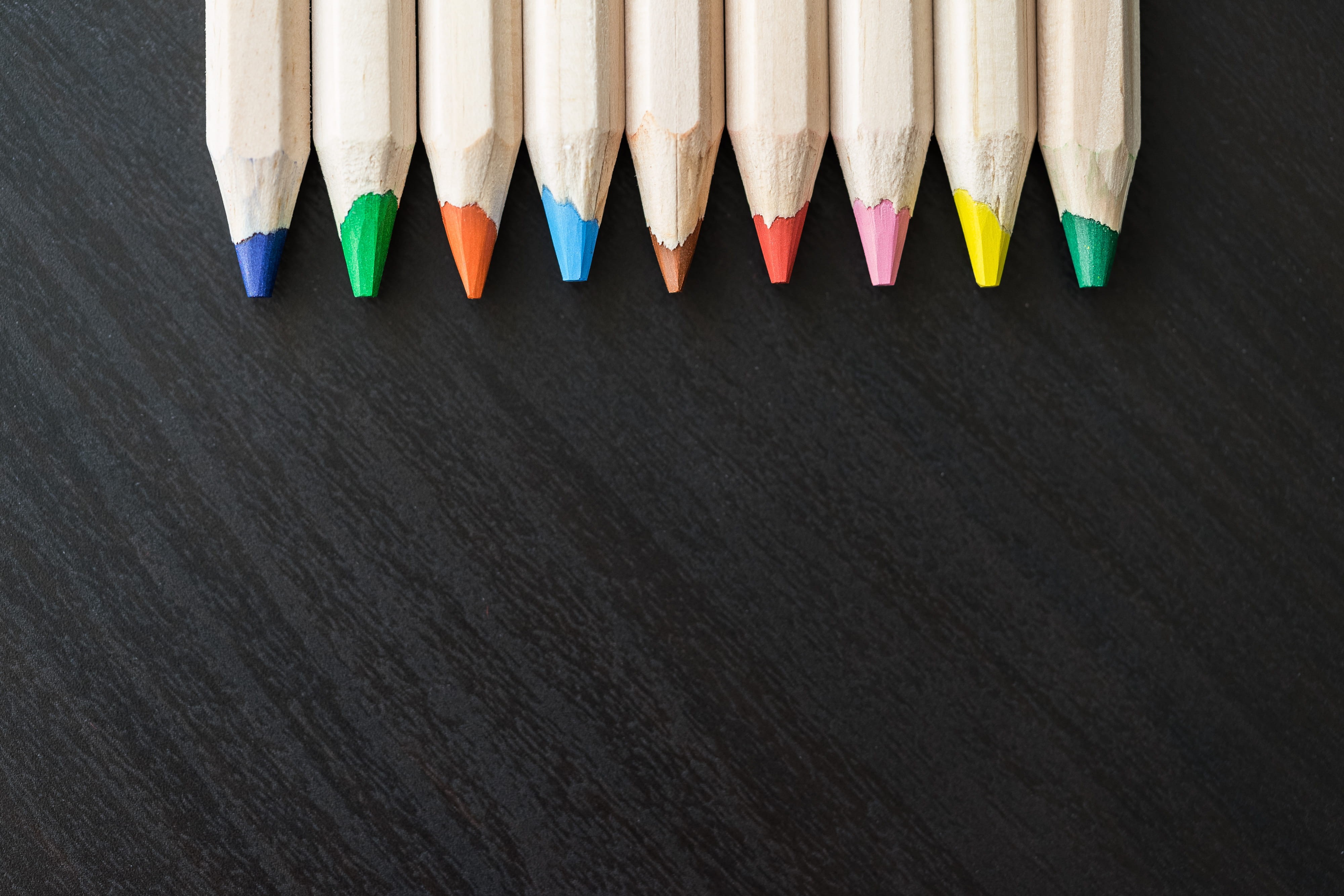writing instrument, room for text, kids, table, variation, crayon, colorful, minimalistic, desk, school, equipment, black, studio shot, pencils, top, drawing, HD Wallpaper