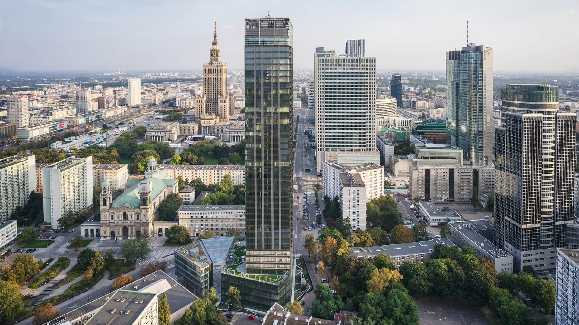 financial district, outdoors, no people, 1080P, Poland, modern, nature, day, transportation, architecture, tree, residential district, built structure, HD Wallpaper