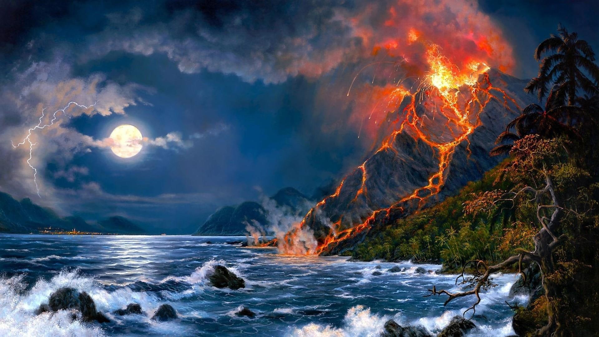 volcano, nature, moon, full moon, magma, water, smoke, geological phenomenon, wave, night, sky, rock, eruption, sea, phenomenon, lava, hot, fantasy art, HD Wallpaper