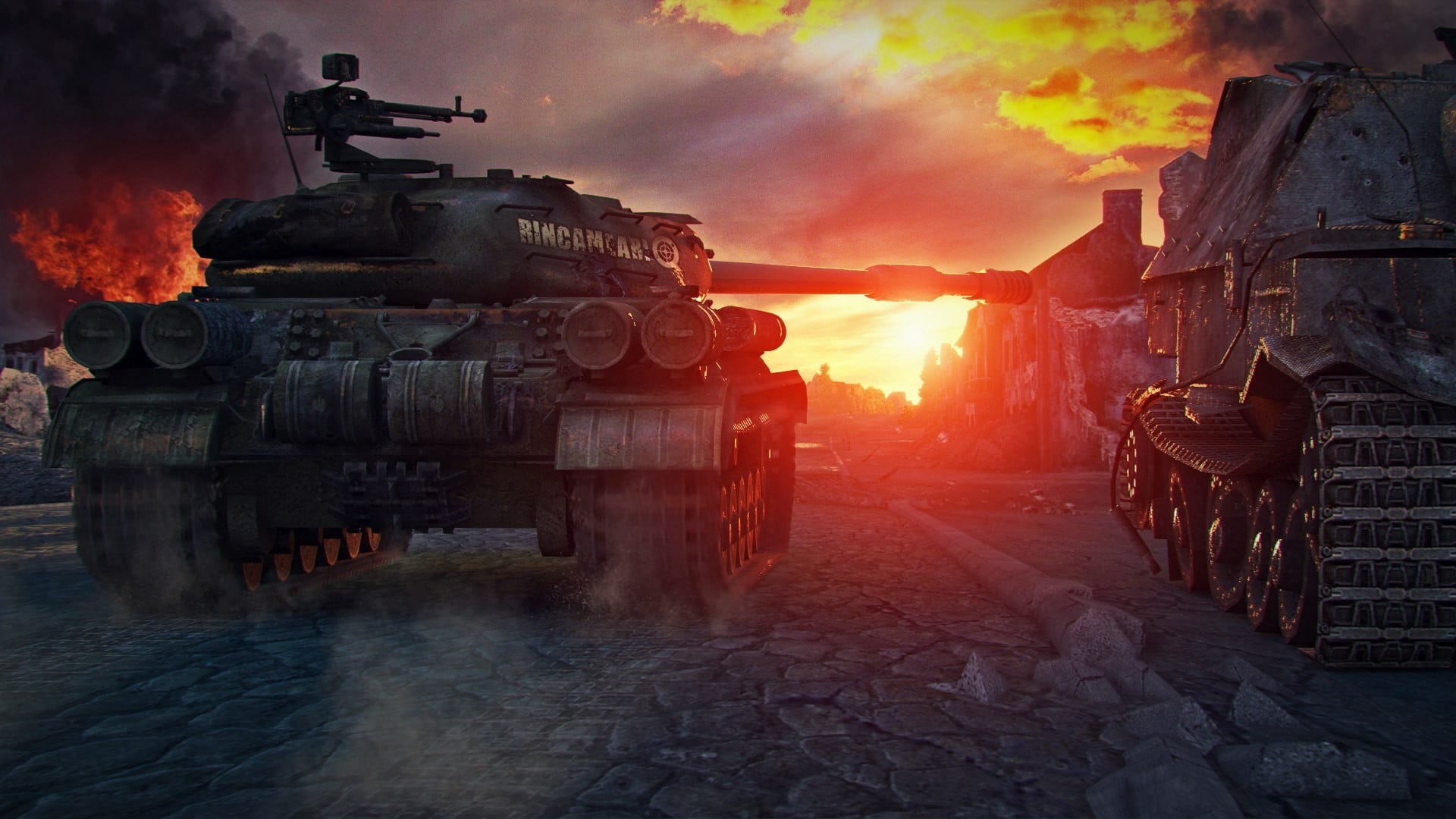 the past, building exterior, sky, built structure, fighting, sunset, weapon, 1080P, digital, Ferdinand, outdoors, military, nature, tank, war, smoke - physical structure, HD Wallpaper