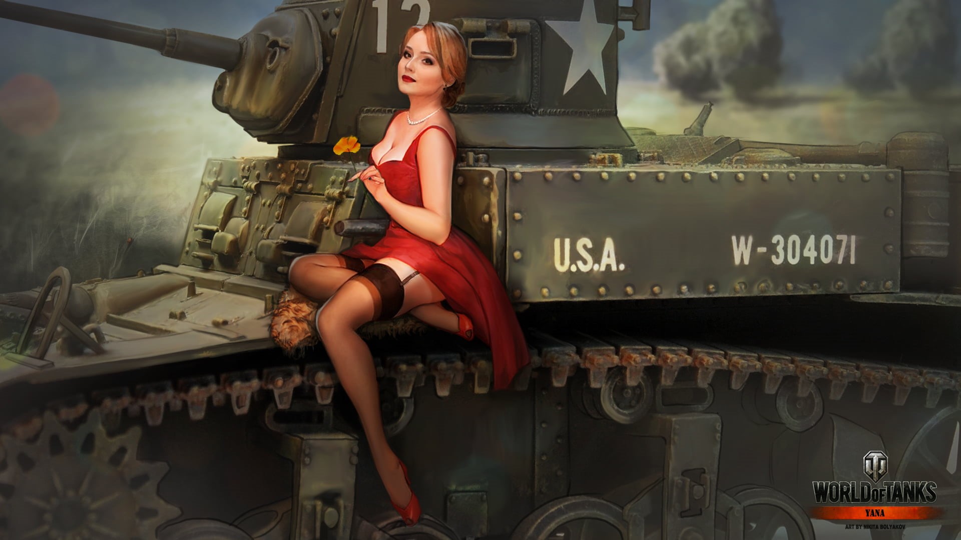 Nikita Bolyakov, digital, people, beauty, clothing, war, beautiful woman, Wargaming.Net, army, machinery, stockings, tanks, conflict, camouflage, hairstyle, HD Wallpaper