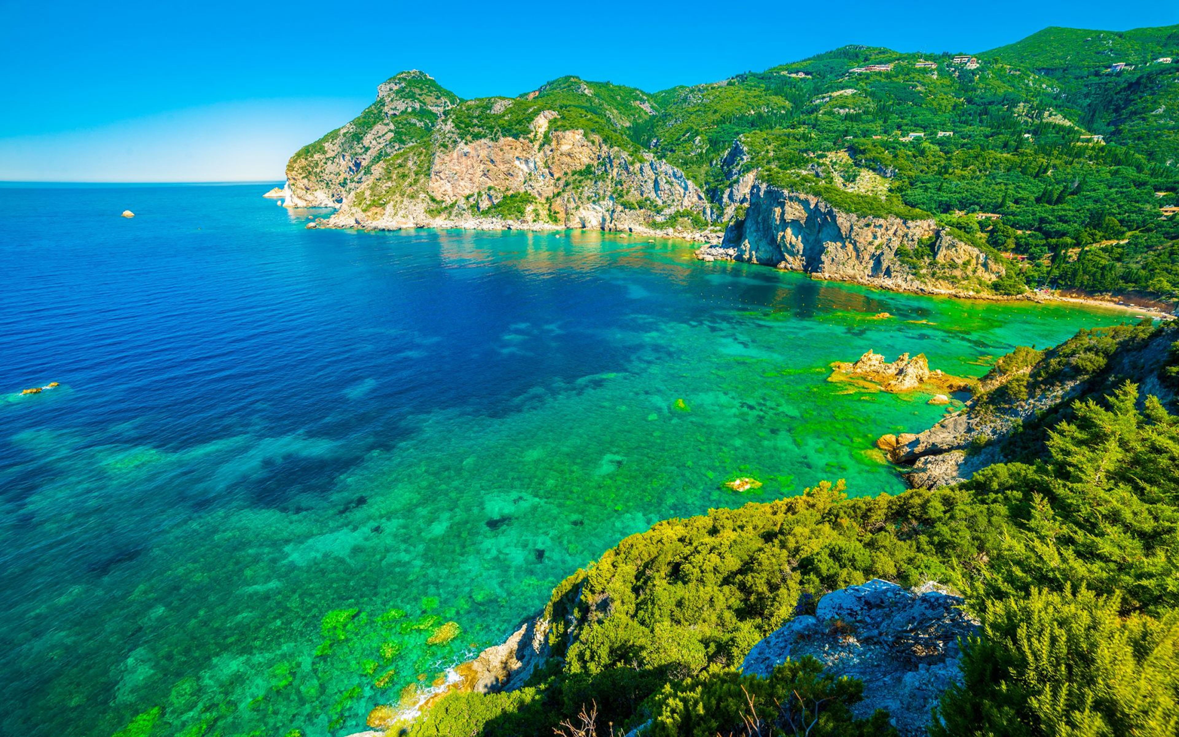 solid, beauty in nature, sky, rock - object, corfu, mountain, land, horizon over water, tranquility, beach, blue, kerkira, landscape, ionian, HD Wallpaper
