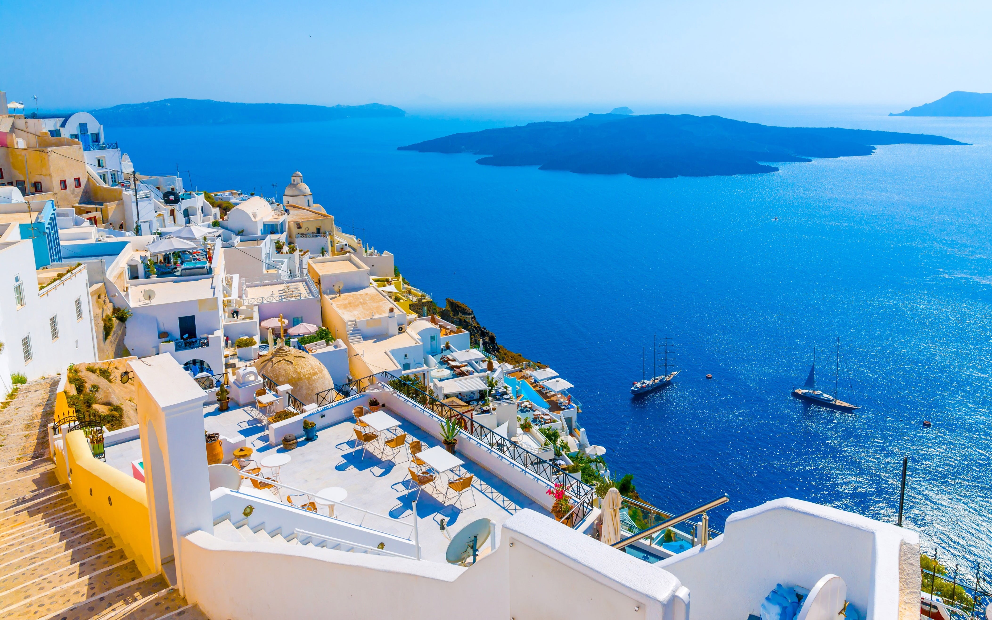high angle view, no people, scenics - nature, mobile, nautical vessel, desktop, white, greece, travel destinations, images, santorini, travel, photo, blue, HD Wallpaper