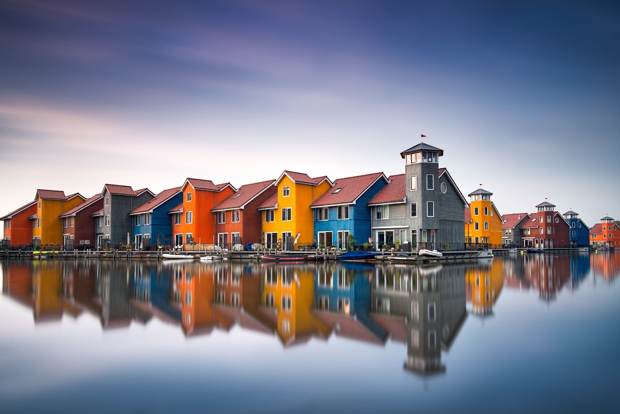 beauty in nature, houses, built structure, 1080P, assorted, residential district, lake, water, concrete, colorful, house, row house, architecture, reflection, HD Wallpaper