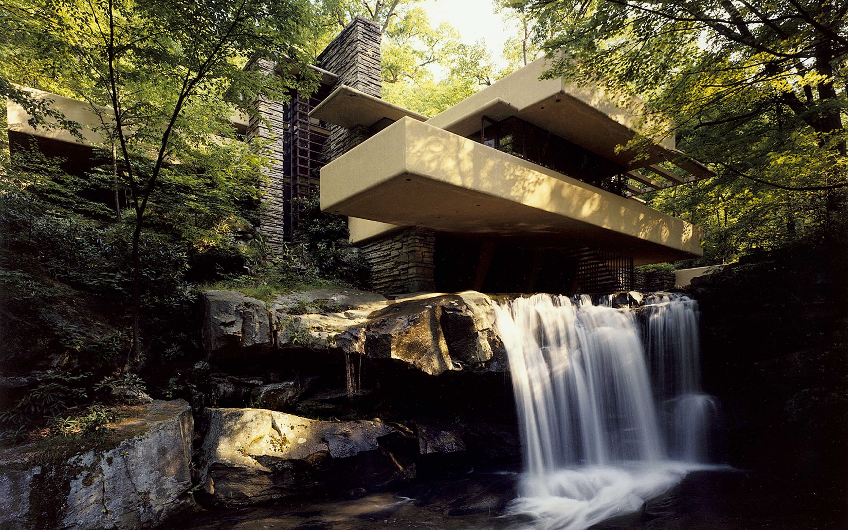day, tree, building, house, beauty in nature, scenics - nature, Falling Water, blurred motion, gray, rock, nature, motion, long exposure, Frank Lloyd Wright, HD Wallpaper