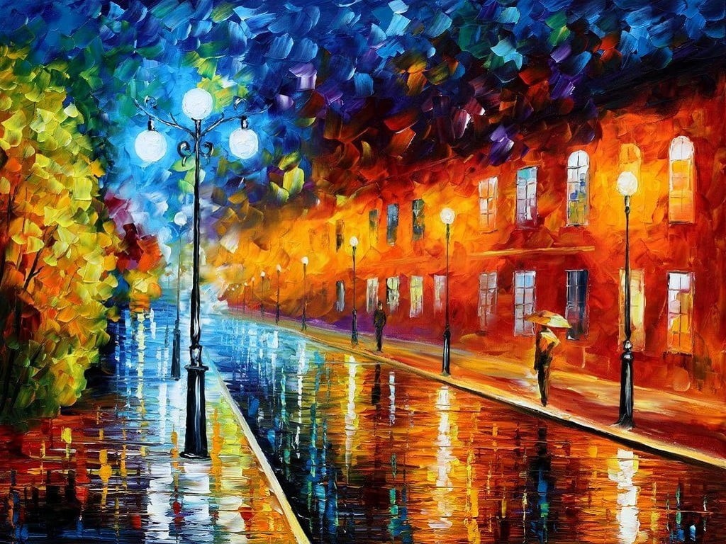 night, decoration, water, outdoors, lights, multi colored, street, road, painting, illuminated, building, ceiling, architecture, Leonid Afremov, orange color, HD Wallpaper