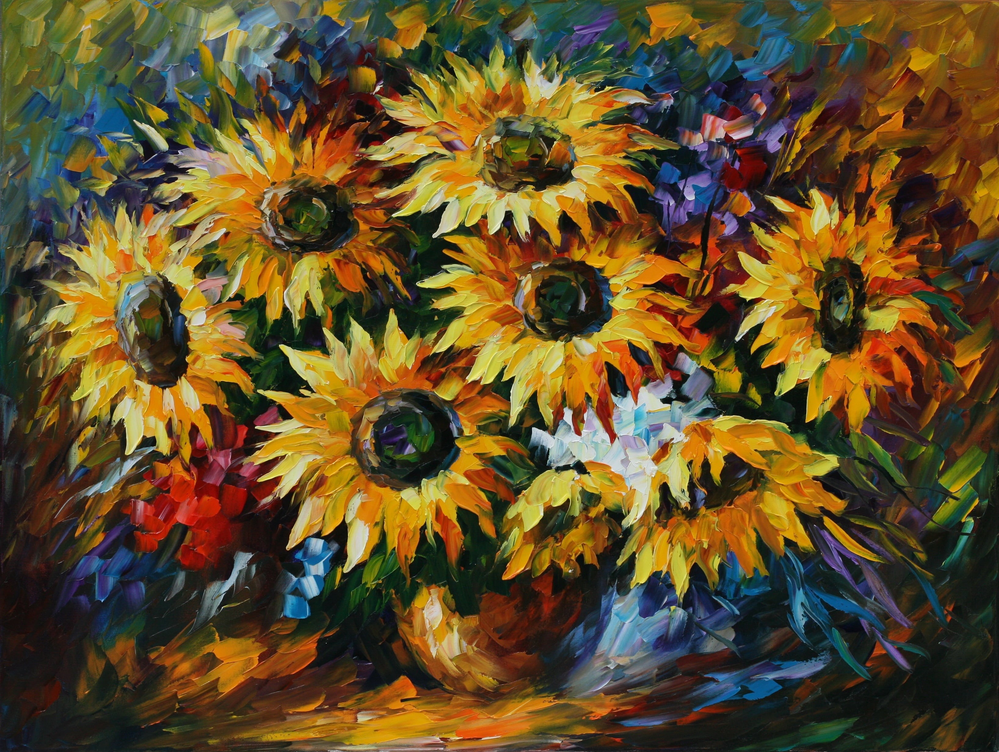 computer Graphic, Leonid Afremov, yellow, pattern, no people, abstract, plant, textured Effect, outdoors, flower, close-up, flower head, petal, HD Wallpaper