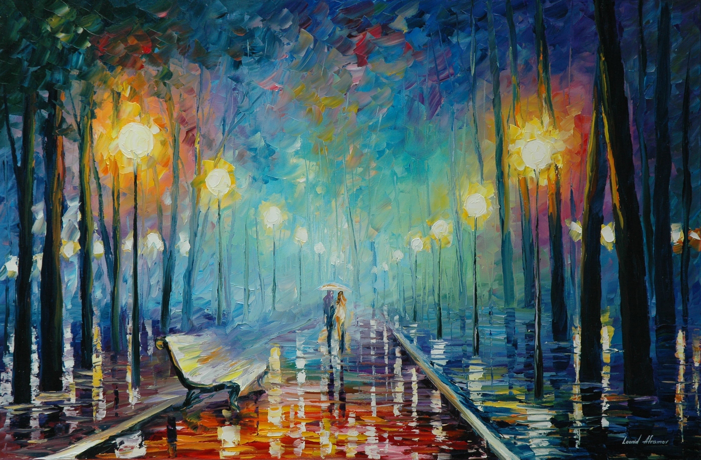 water, umbrella, two, animal wildlife, blue, post, asia, cityscape, lights, night, light - Natural Phenomenon, lamps, acrylic Painting, abstract, built structure, HD Wallpaper