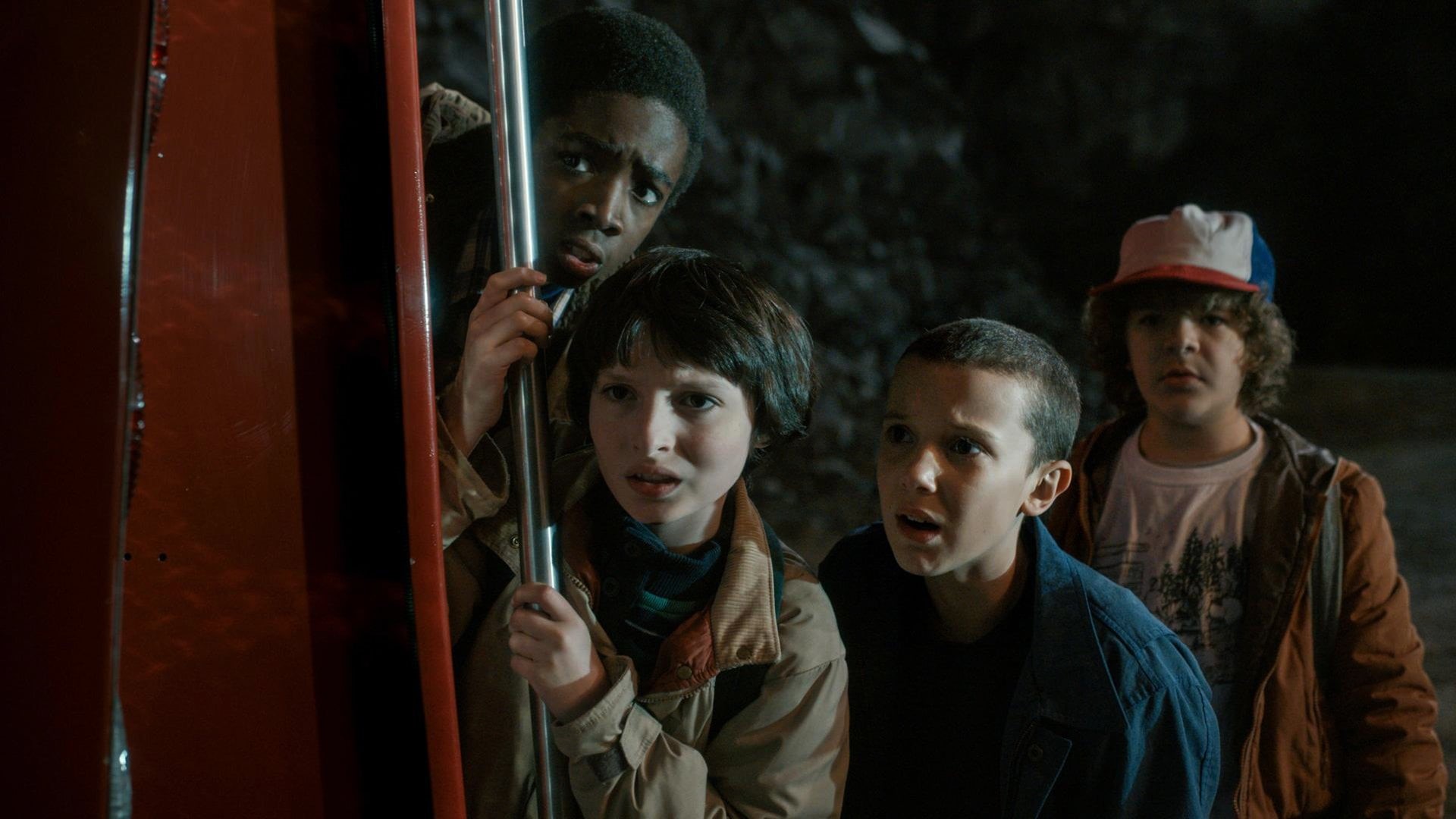 young adult, people, dark, night, 1080P, Finn Wolfhard, standing, clothing, Stranger Things, TV Show, young men, mid adult, looking, indoors, Gaten Matarazzo, HD Wallpaper
