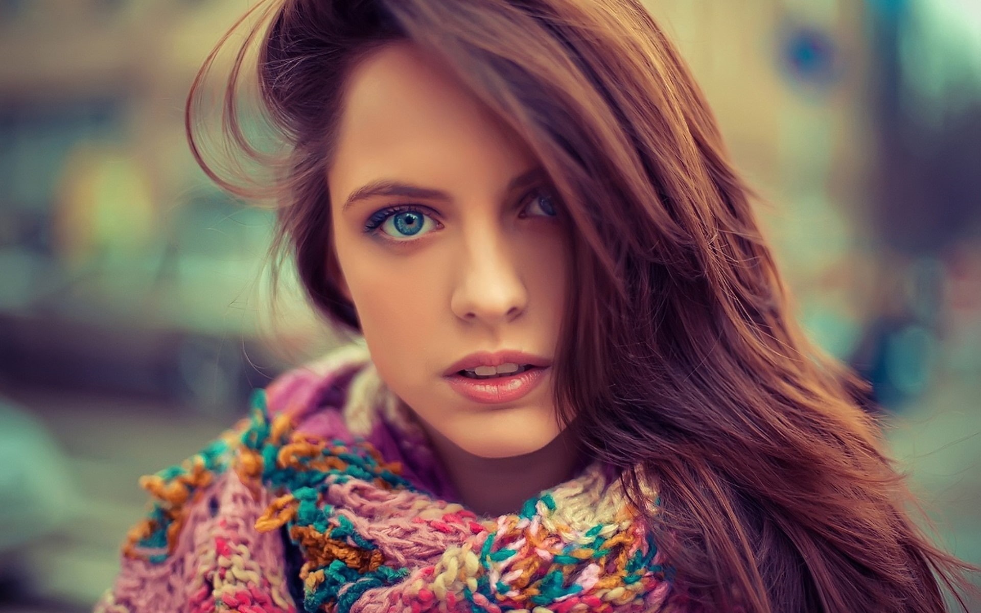 Girl, women, purple, Sweater, Blue, green, Hair, Face, 1080P, Eyes, Beautiful, s, scarf, HD Wallpaper