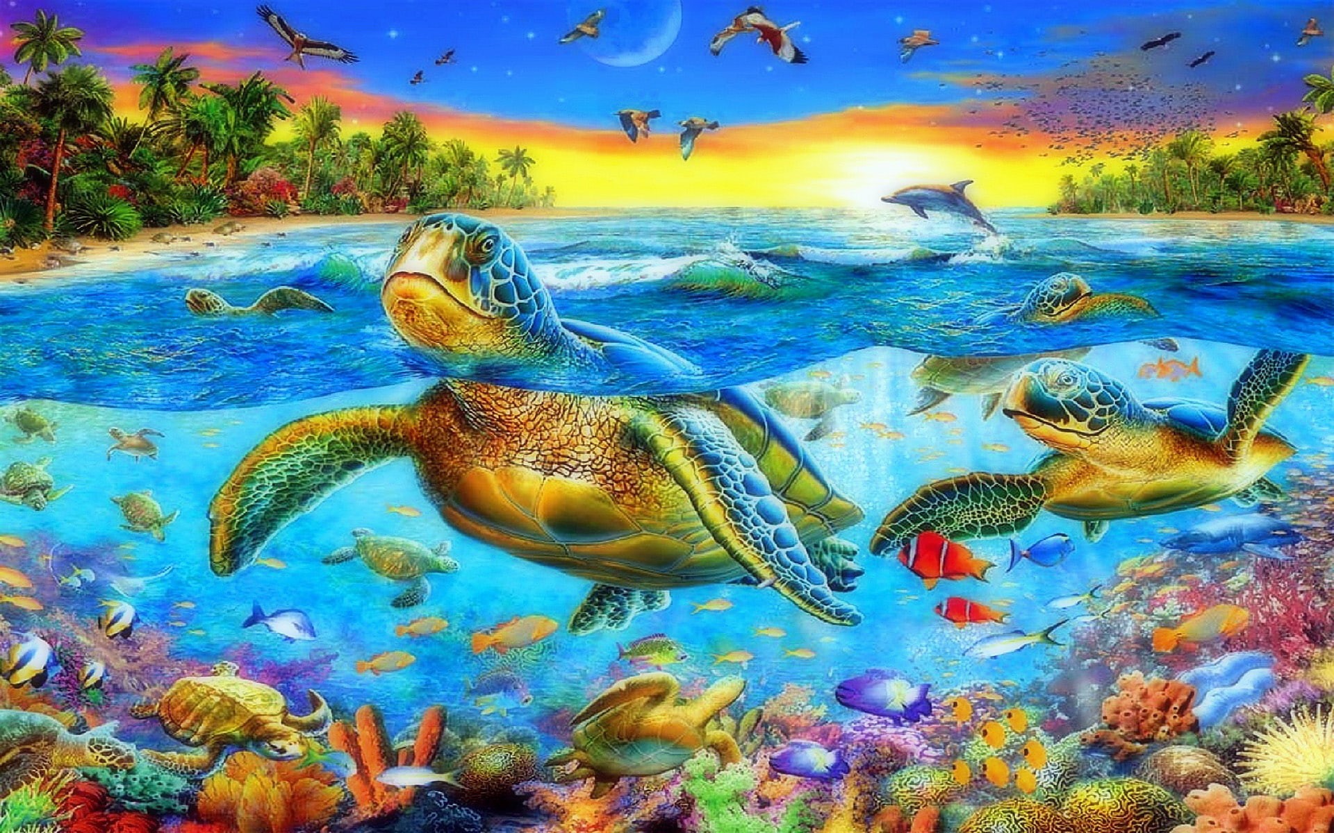 underwater, tablet, mobile, swimming, corals, world, colorful, laptop, sea, fish, hd, tropical, landscape, 1080P, ocean, turtles, exotic, phones, HD Wallpaper