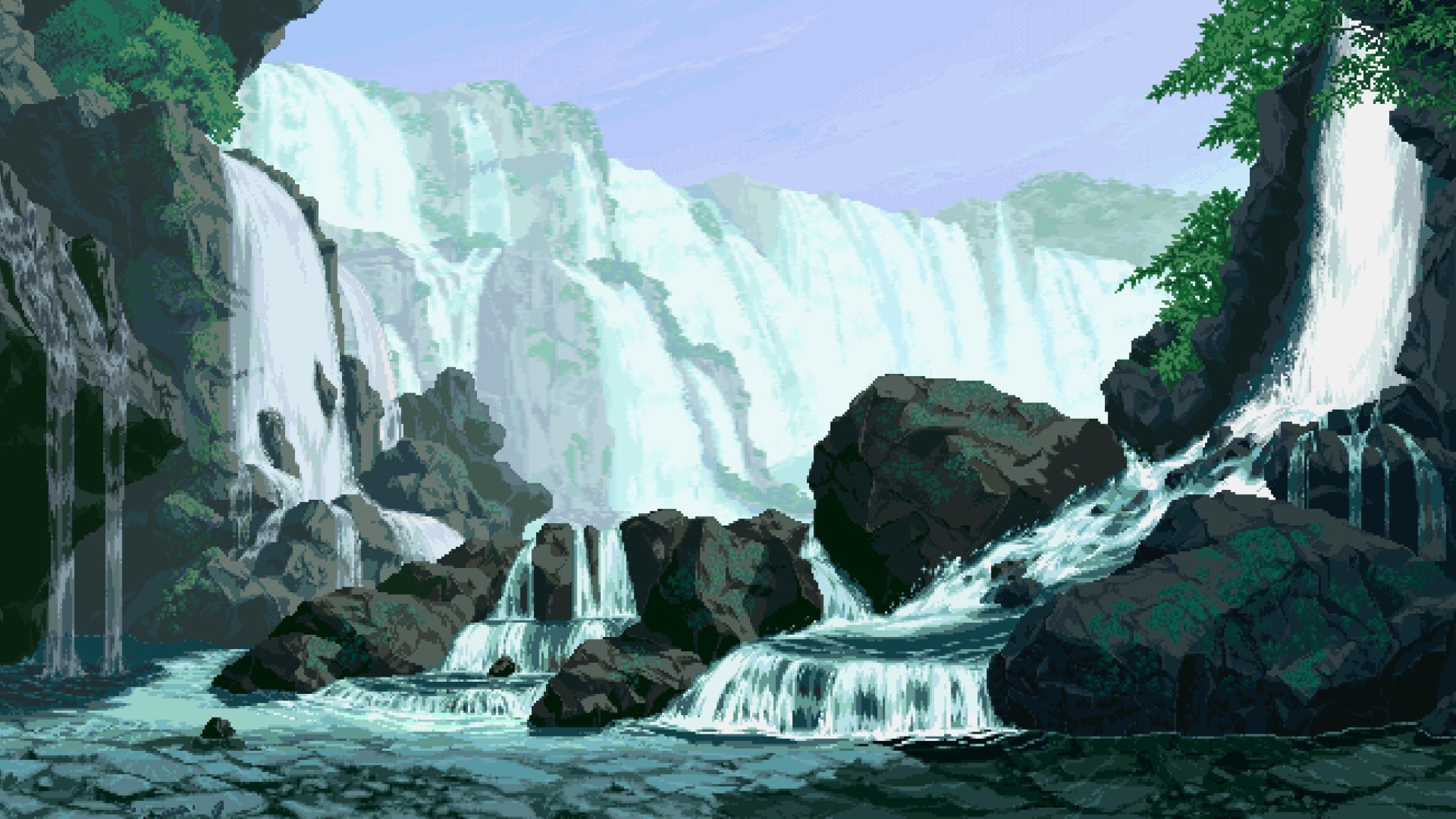 digital art, pixel art, nature, 1080P, landscape, Garou : Mark of the Wolves, rock, pixels, stones, trees, pixelated, waterfall, HD Wallpaper