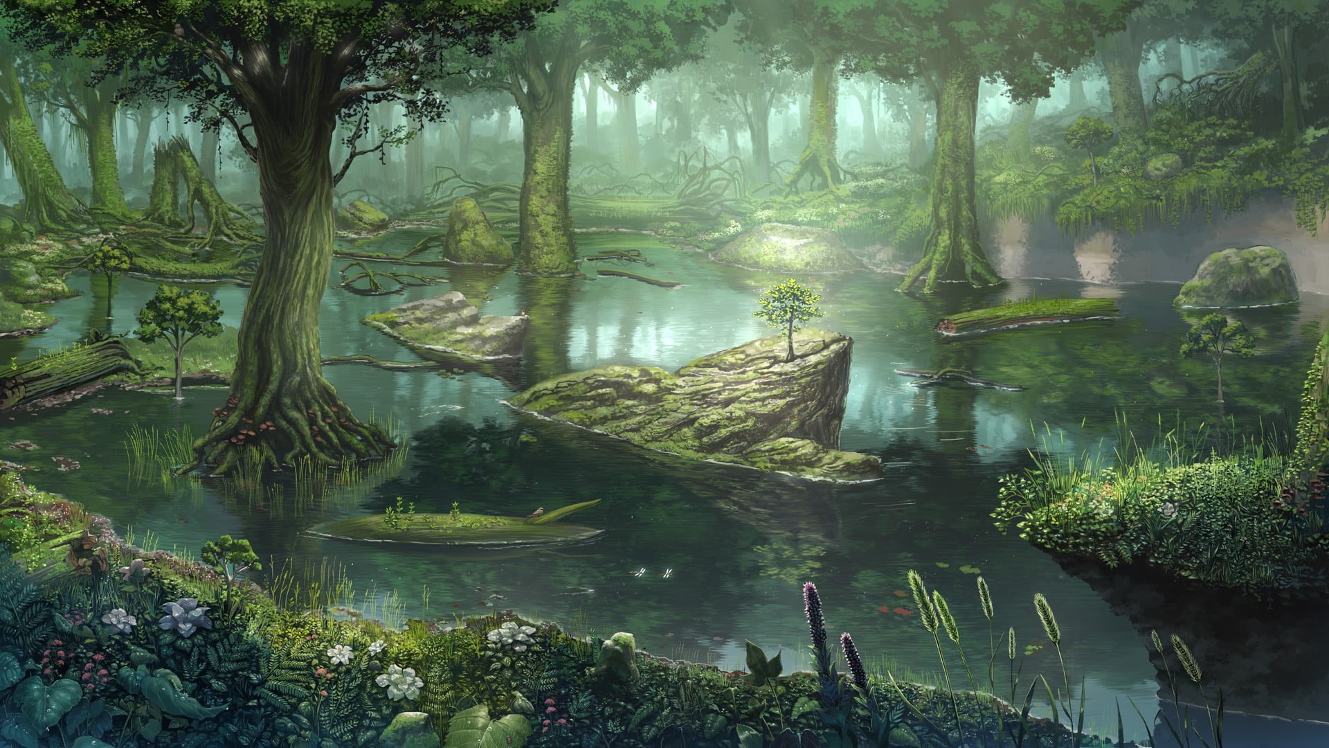day, reflection, beauty in nature, body, forest, green, drawing, outdoors, water, fantasy art, plant, tranquility, environment, digital art, non-urban scene, HD Wallpaper