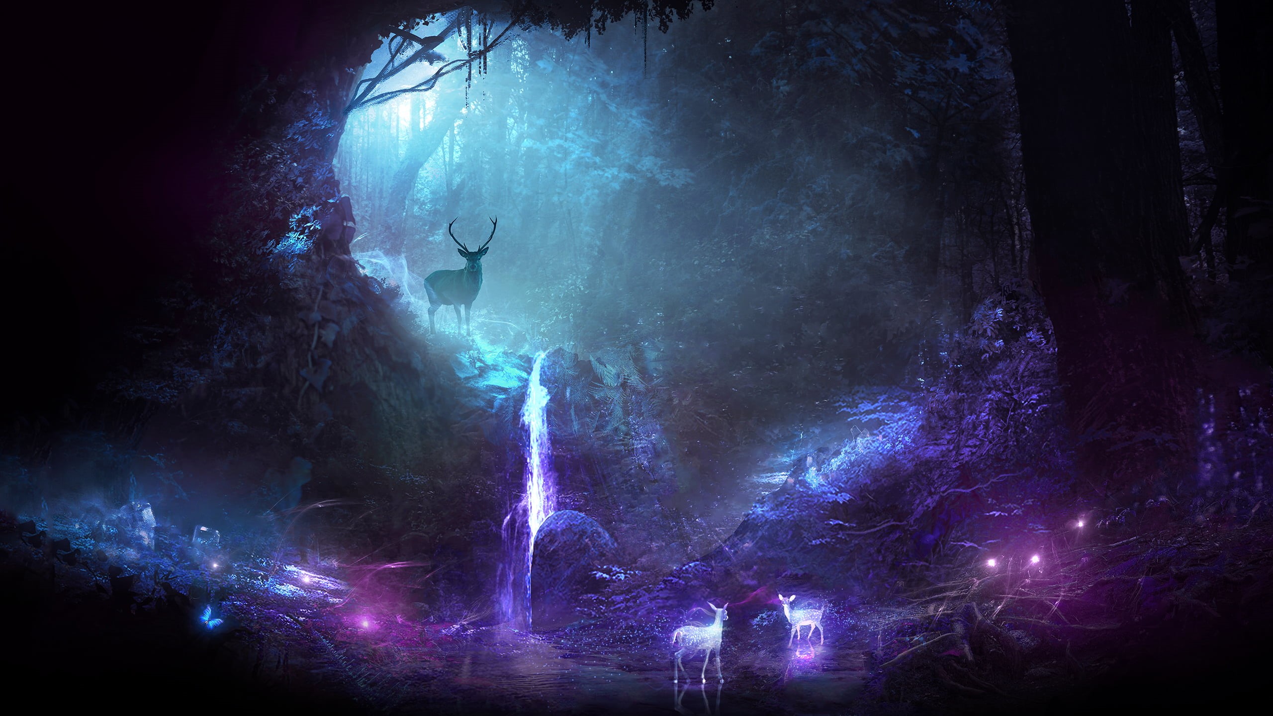 tree, arts culture and entertainment, animals, glowing, nature, lighting equipment, no people, celebration, dark, night, illuminated, horror, forest, blue, HD Wallpaper