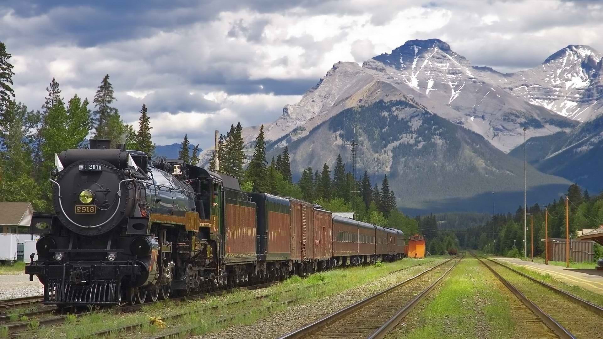 outdoors, steam locomotive, mountains, scenics - nature, railway, no people, beauty in nature, Alberta National Park, snowcapped mountain, train, plant, HD Wallpaper