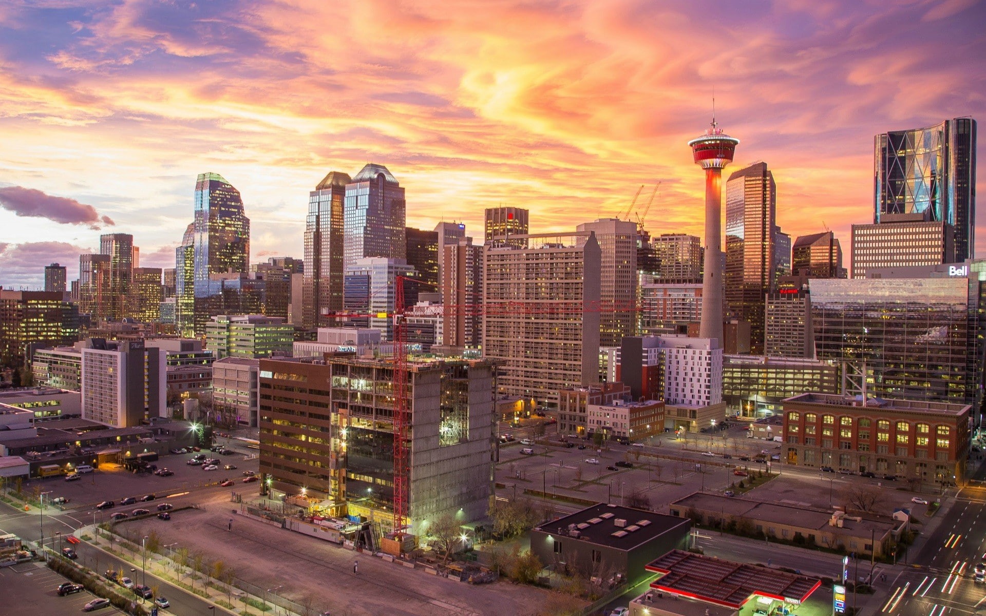 built structure, building exterior, sky, urban skyline, cityscape, outdoors, Alberta, architecture, Calgary, office, modern, sunset, no people, landscape, HD Wallpaper