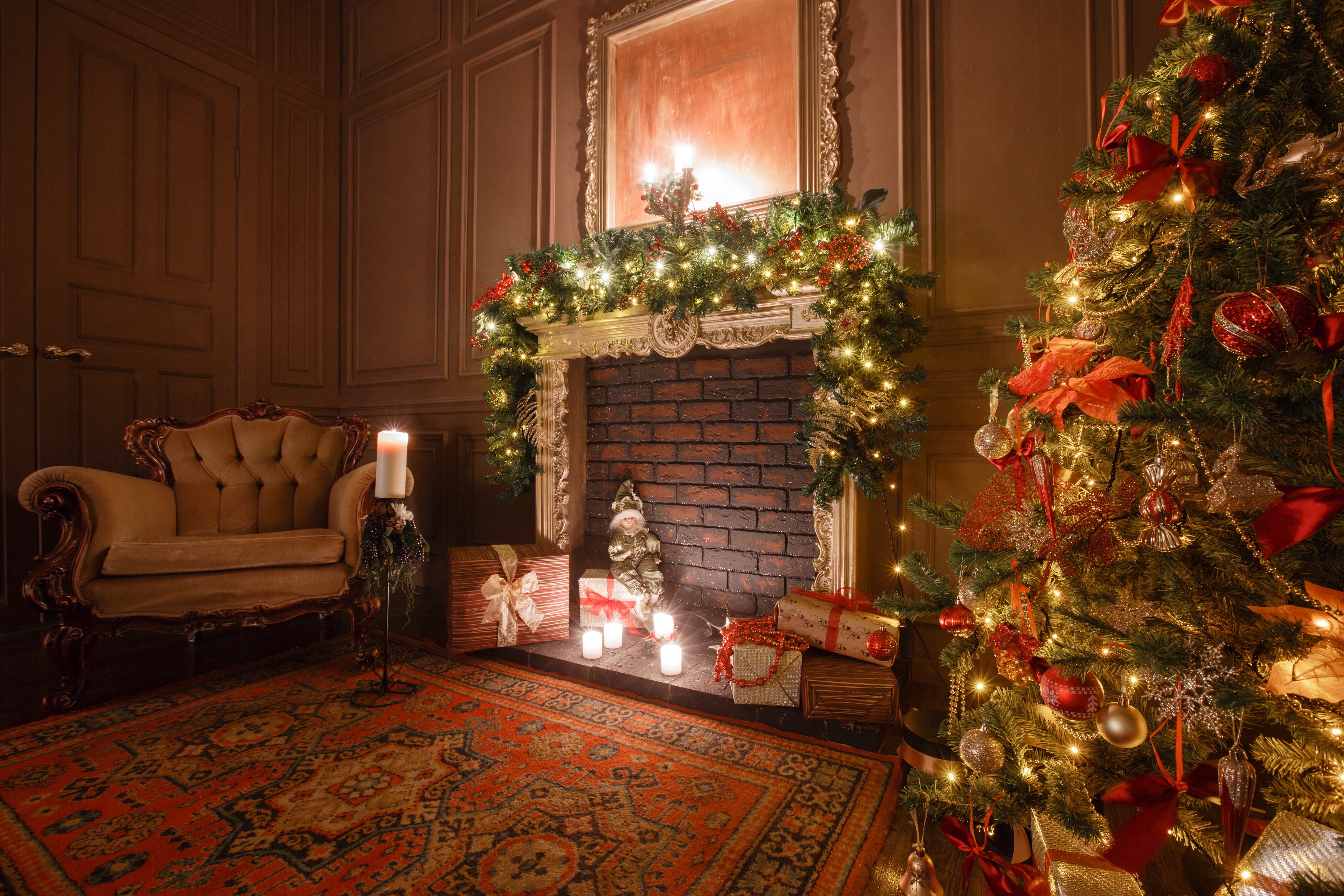 gold Colored, green, house, illuminated, mantelpiece, season, toys, home, decor, Merry Christmas, interior, indoors, plant, brown, decoration, red, christmas Present, HD Wallpaper