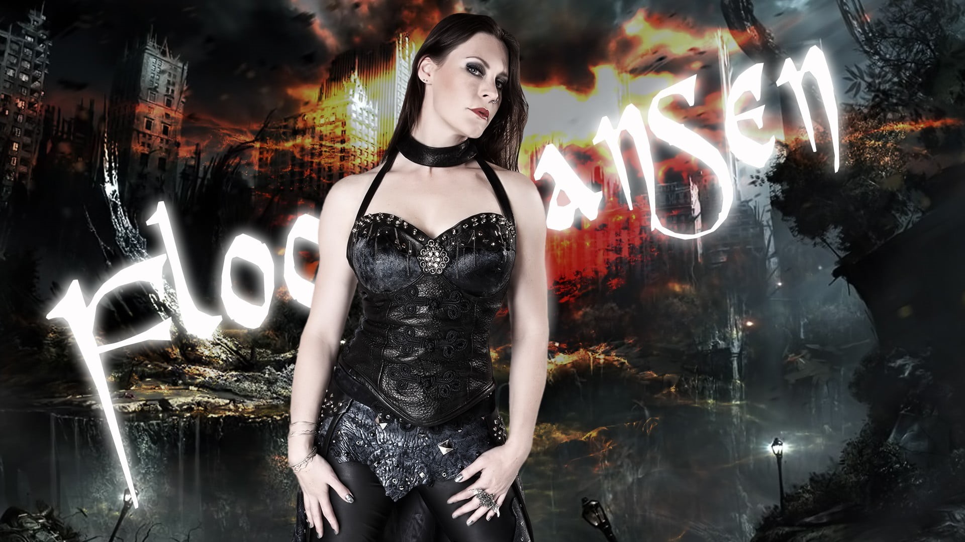 women, front view, illuminated, firework display, young adult, Nightwish, night, looking at camera, standing, leather clothing, digital composite, singer, HD Wallpaper