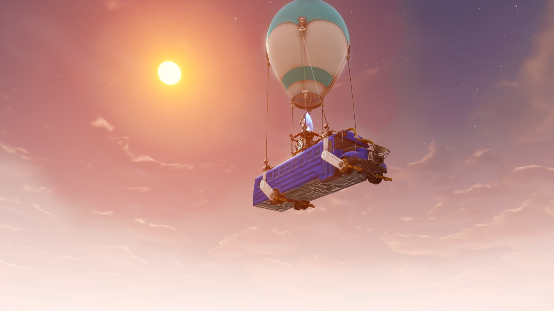 Fortnite, mid-air, 1080P, sky, low angle view, sunset, flying, mode of transportation, air vehicle, sunlight, travel, architecture, motion, balloon, sun, HD Wallpaper