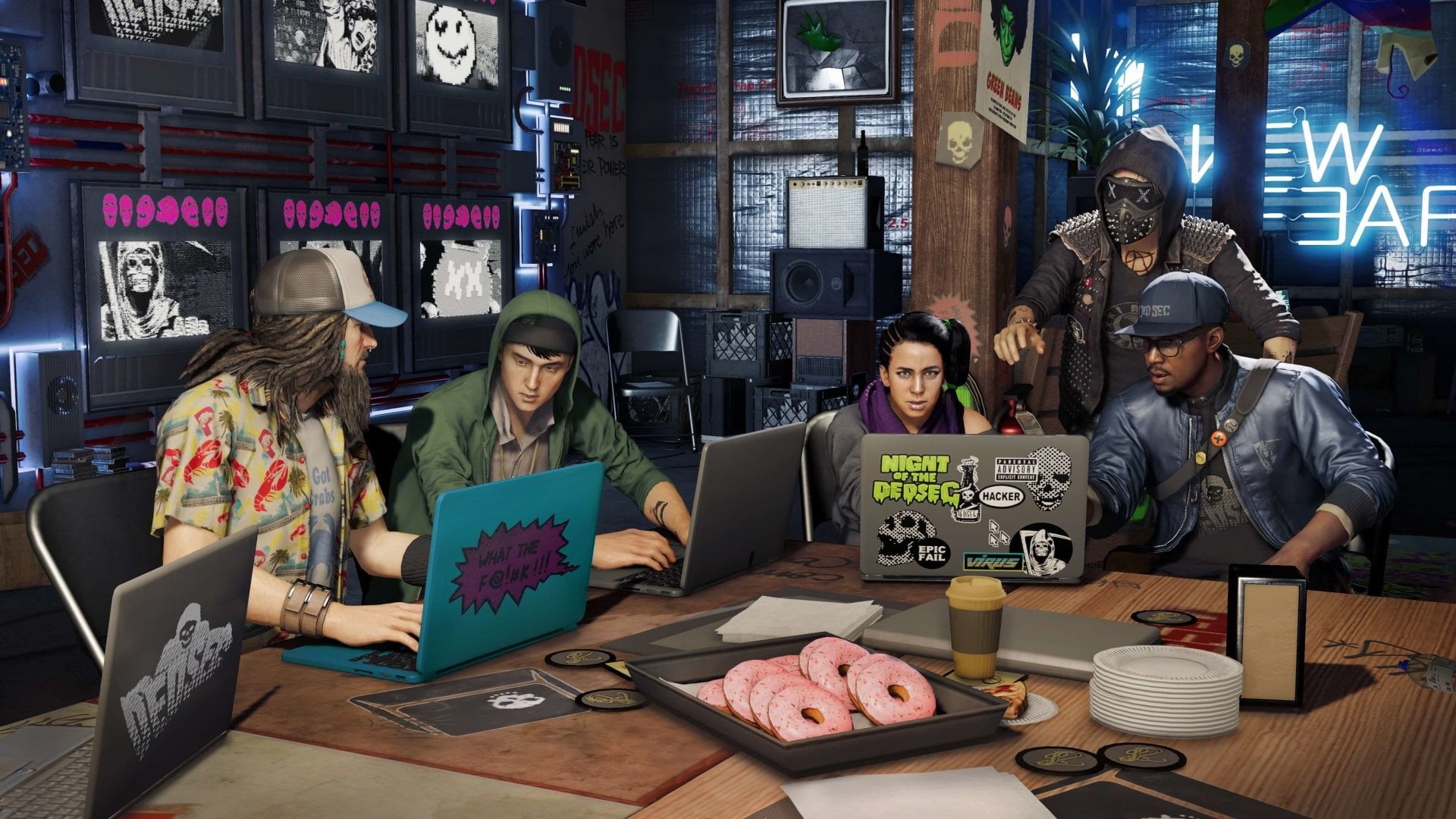 working, young women, real people, lifestyles, portrait, illuminated, 1080P, smiling, young men, young adult, sitting, communication, Watch Dogs 2, group of people, HD Wallpaper