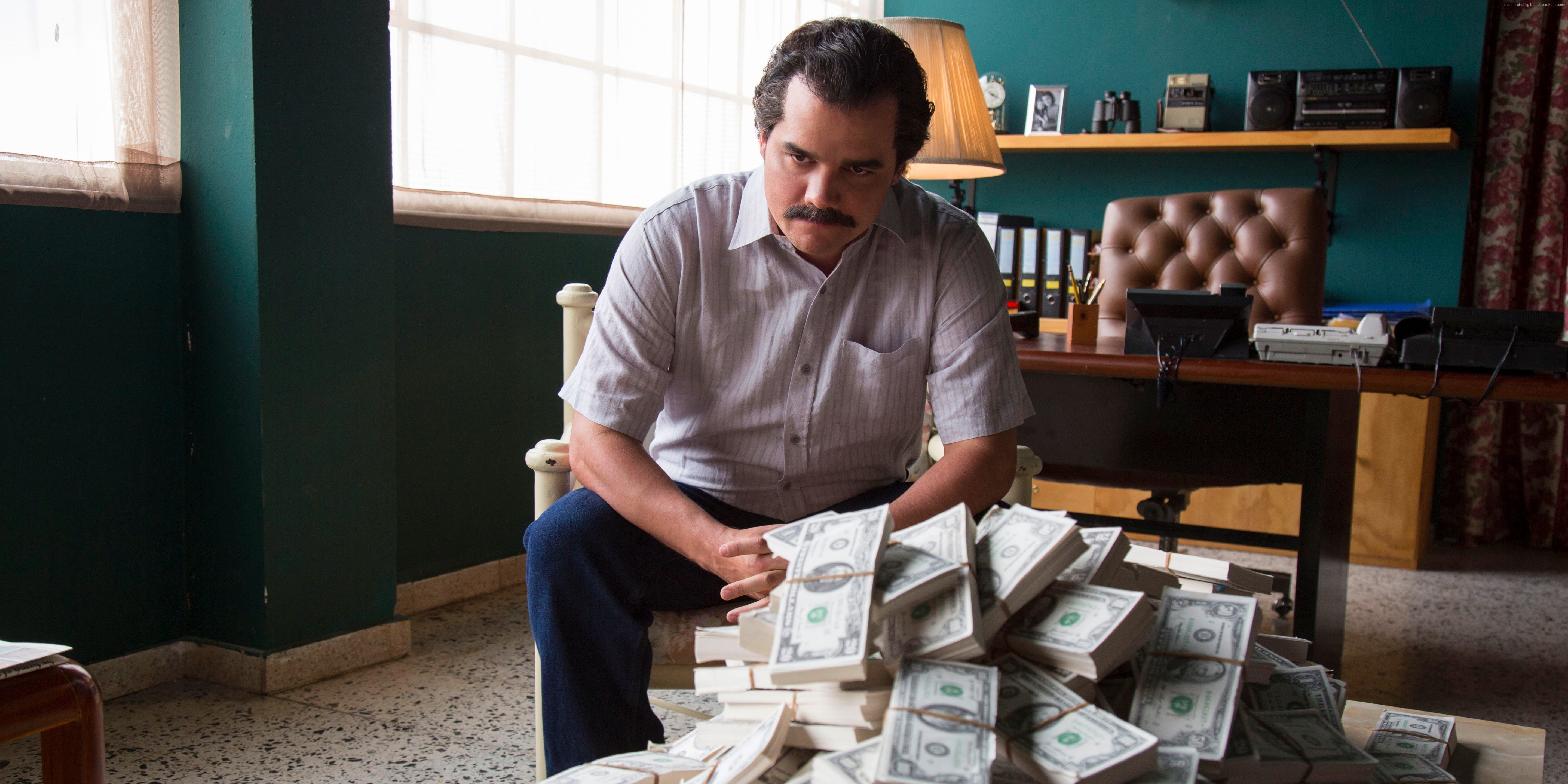 paper currency, waist up, looking, looking down, large group of objects, one person, Raúl Méndez, Narcos, 5K, table, sitting, TV Series, young adult, Pablo Escobar, HD Wallpaper