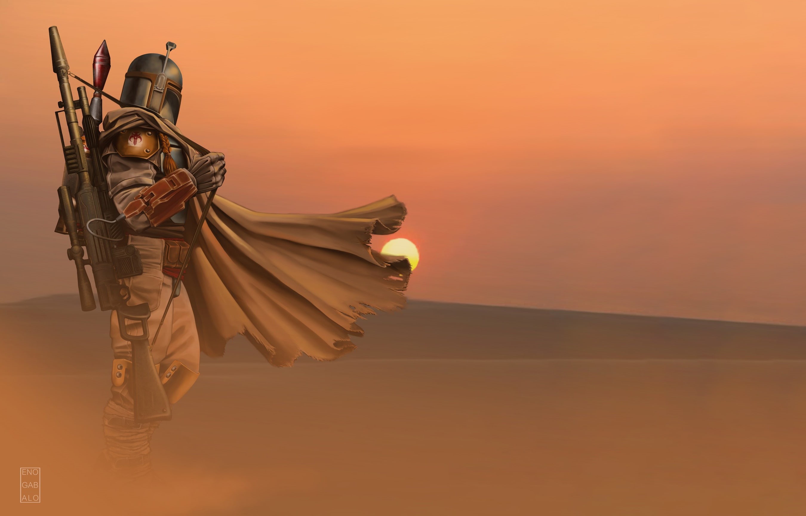 arid climate, beauty in nature, representation, desert, nature, outdoors, scenics - nature, technology, environment, artwork, Boba Fett, copy space, male likeness, HD Wallpaper