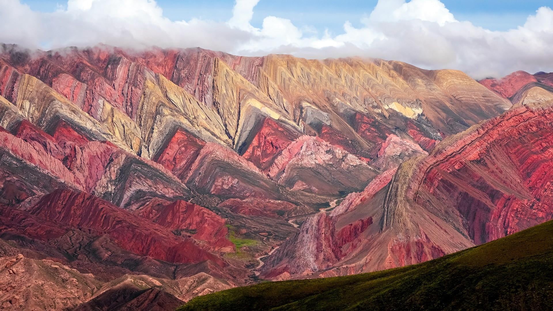 travel, environment, mountain peak, cerro de los 14 colores, beauty in nature, cloud - sky, eroded, no people, purmamarca, rainbow mountain, geology, outdoors, HD Wallpaper