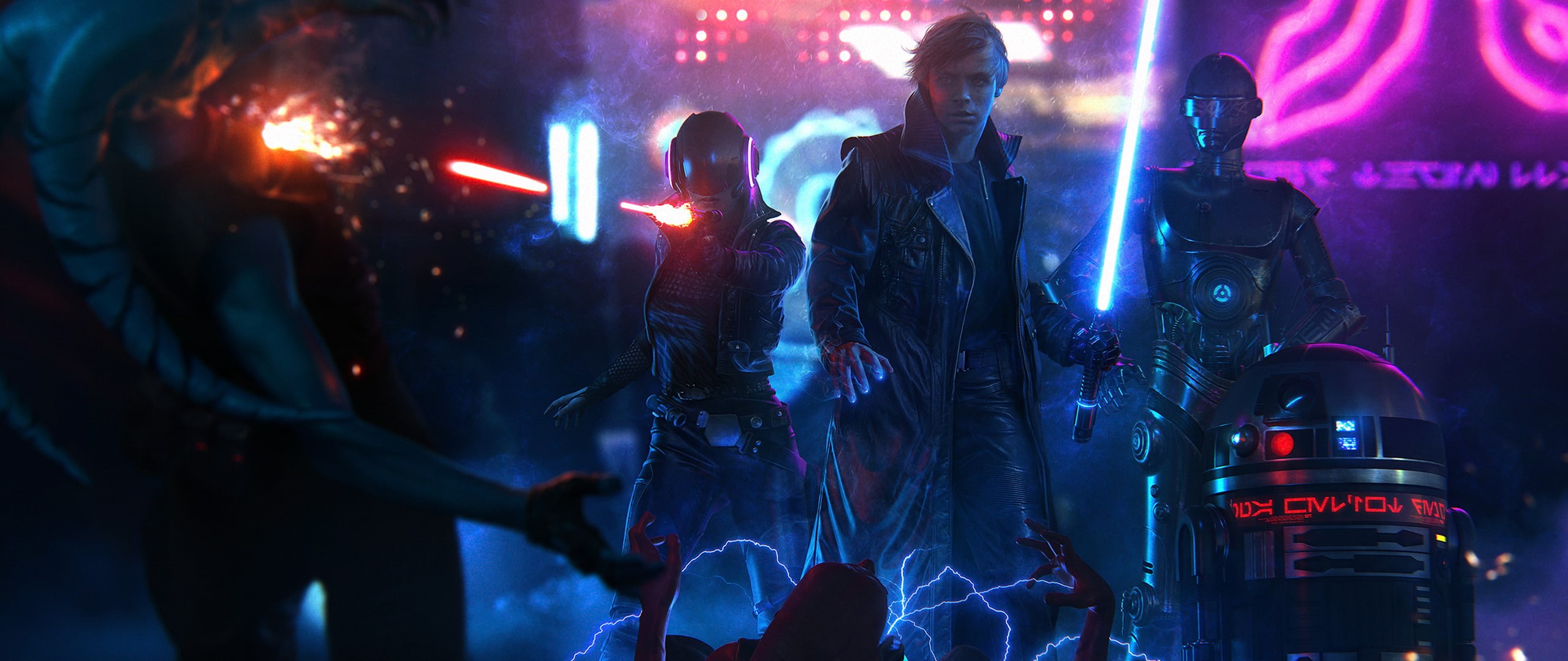 occupation, arts culture and entertainment, luke skywalker star wars cyberpunk lightsaber ultrawide, performance, 2K, young adult, night, nightlife, concert, HD Wallpaper