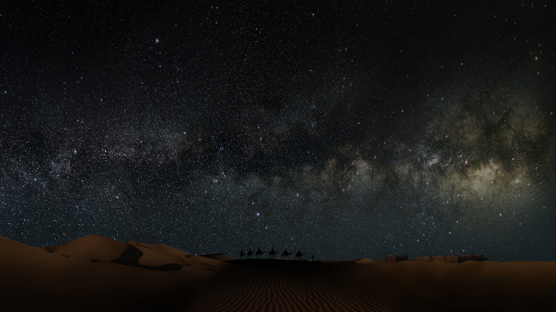 sand dunes, landscape, nature, stars, sky, camels, black, Sahara, sand, 1080P, desert, night sky, HD Wallpaper