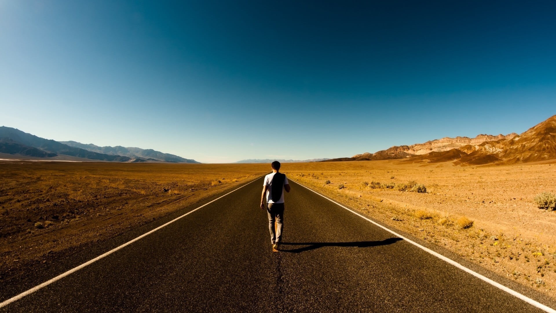 adult, landscape, remote, mountain range, nature, day, diminishing perspective, desert, sky, walking, transportation, direction, environment, surrounded, HD Wallpaper