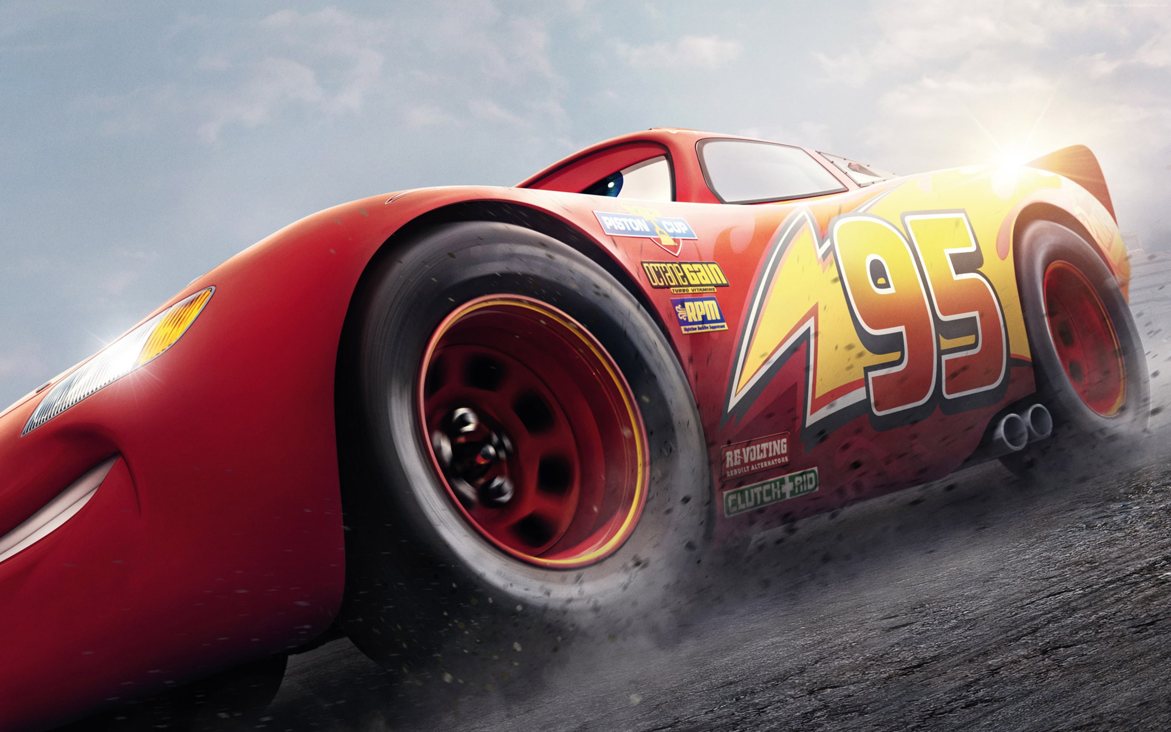 land vehicle, day, Cars 3, retro styled, poster, sport, motor vehicle, number, wheel, sunlight, tire, text, yellow, 4K, cloud - sky, red, transportation, HD Wallpaper
