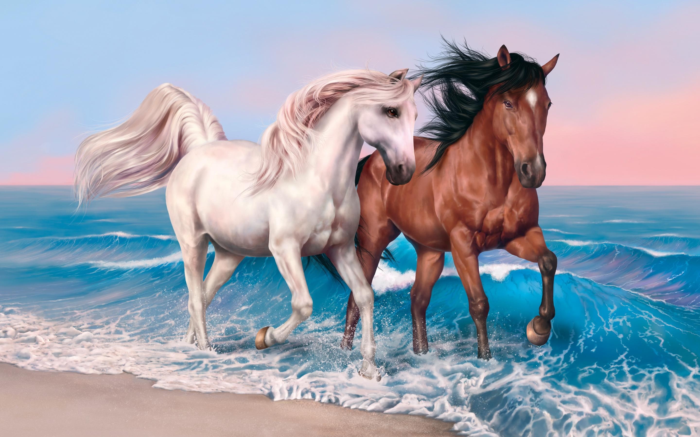 horses, white, 2K, painting, brown, art, HD Wallpaper