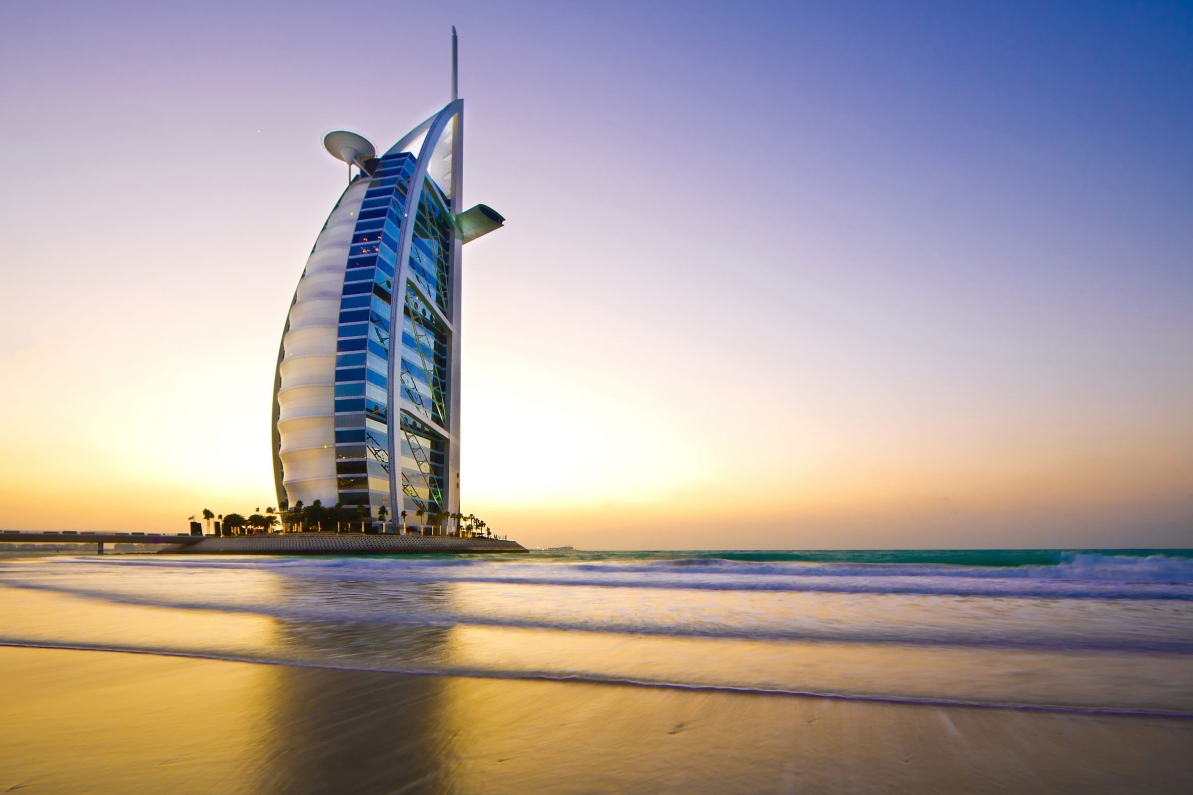 khalifa, skyscraper, architecture, sky, dubai, 1080P, twilight, no people, horizon, beach, water, land, blue, tourism, largest hotel in dubai, dusk, sunset, HD Wallpaper