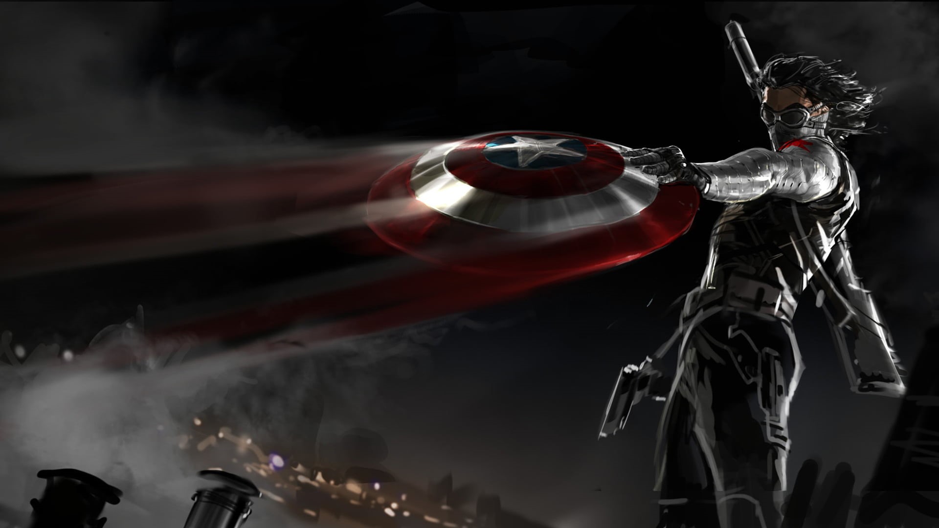 holding, fan art, mask, bucky, human representation, barnes, rifle, weapons, art, metal, smoke - physical structure, captain, art and craft, 1080P, low angle view, HD Wallpaper