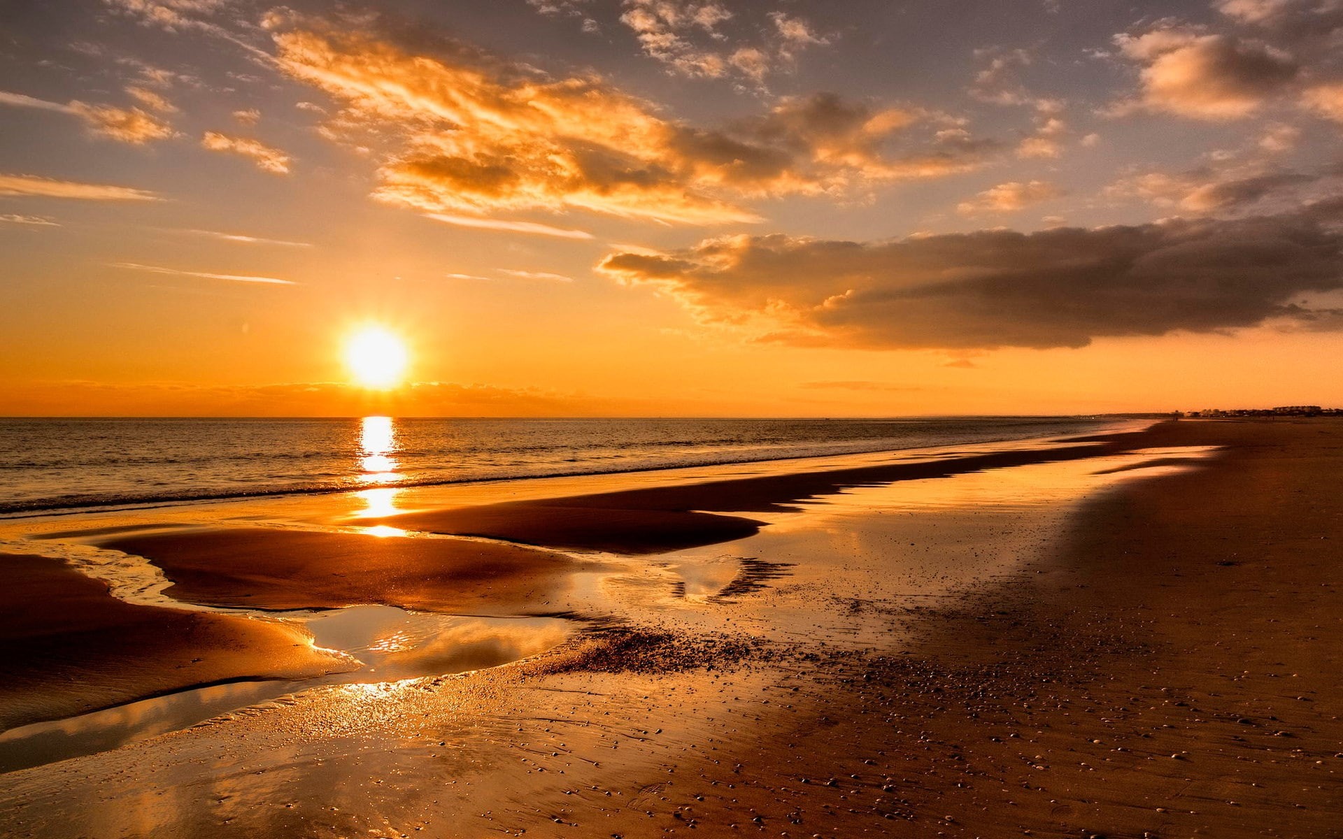 1080P, beauty in nature, idyllic, horizon over water, nature, orange color, tranquility, sunset, horizon, beach, no people, land, outdoors, sun, low tide, HD Wallpaper
