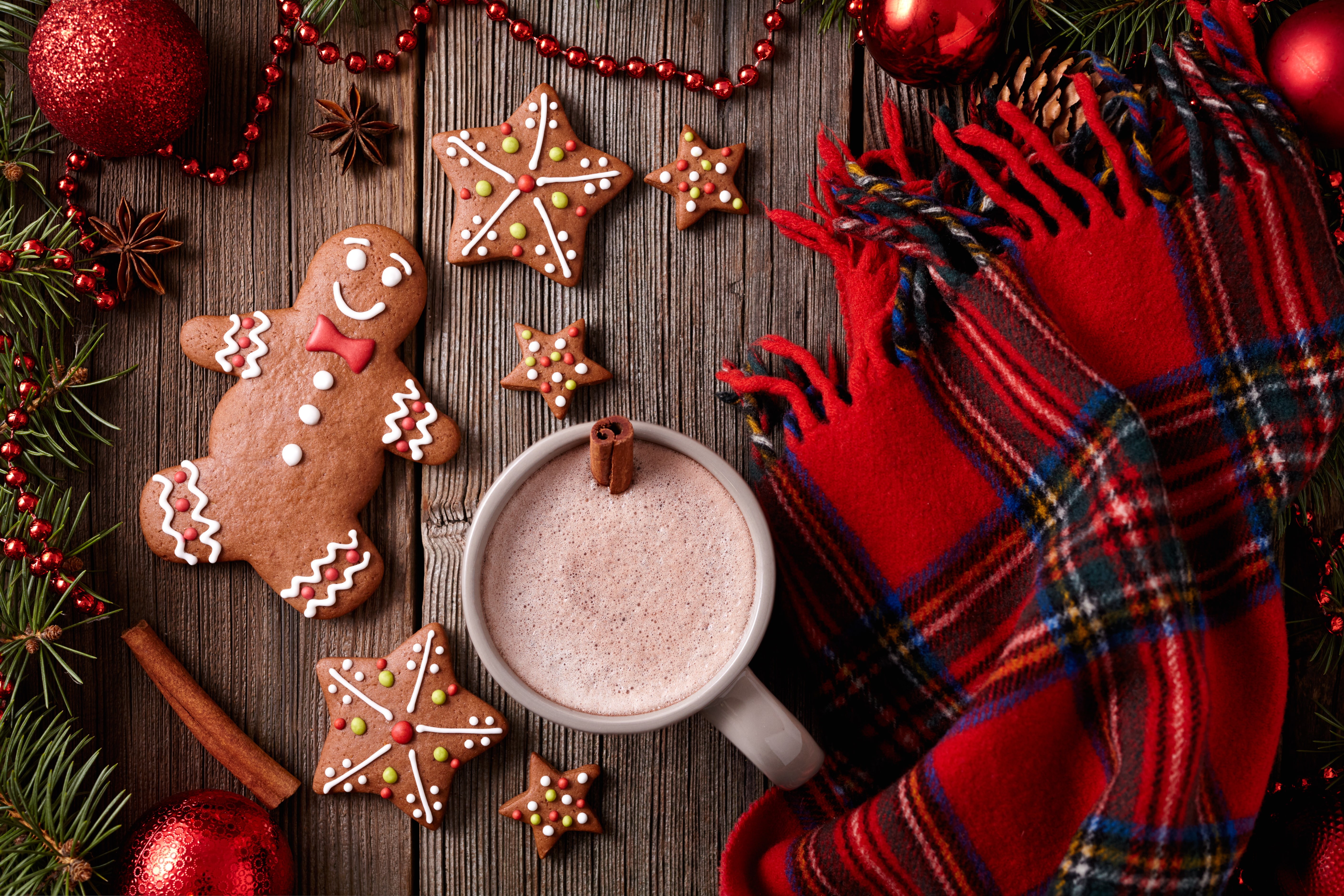 gingerbread, christmas tree, food and drink, red, high angle view, food, cocoa, New Year, 5K, scarf, indoors, sweet food, Christmas, wood - material, holiday, HD Wallpaper