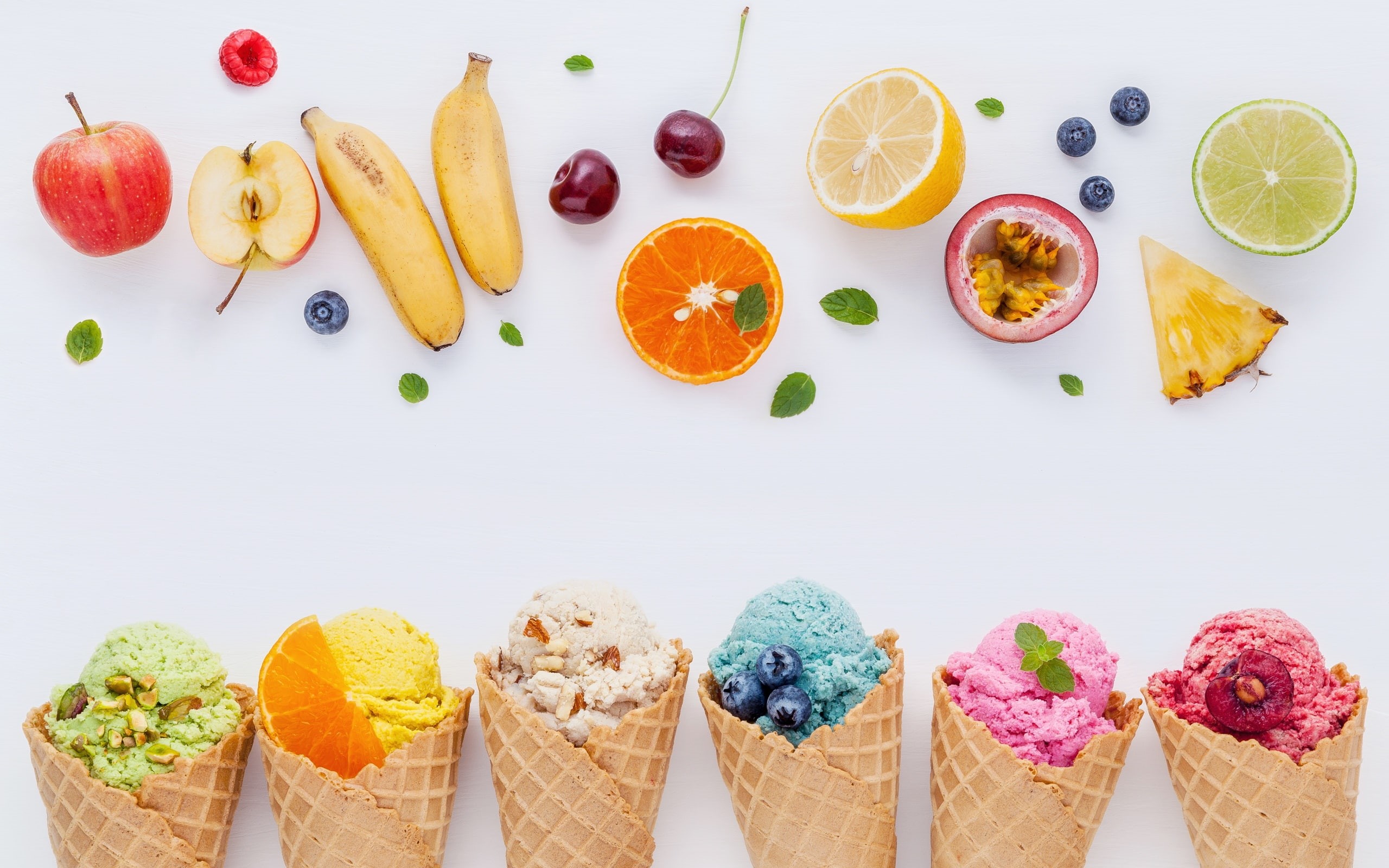orange, multi colored, food and drink, ice cream, indoors, banana, directly above, white background, studio shot, wellbeing, freshness, large group of objects, HD Wallpaper