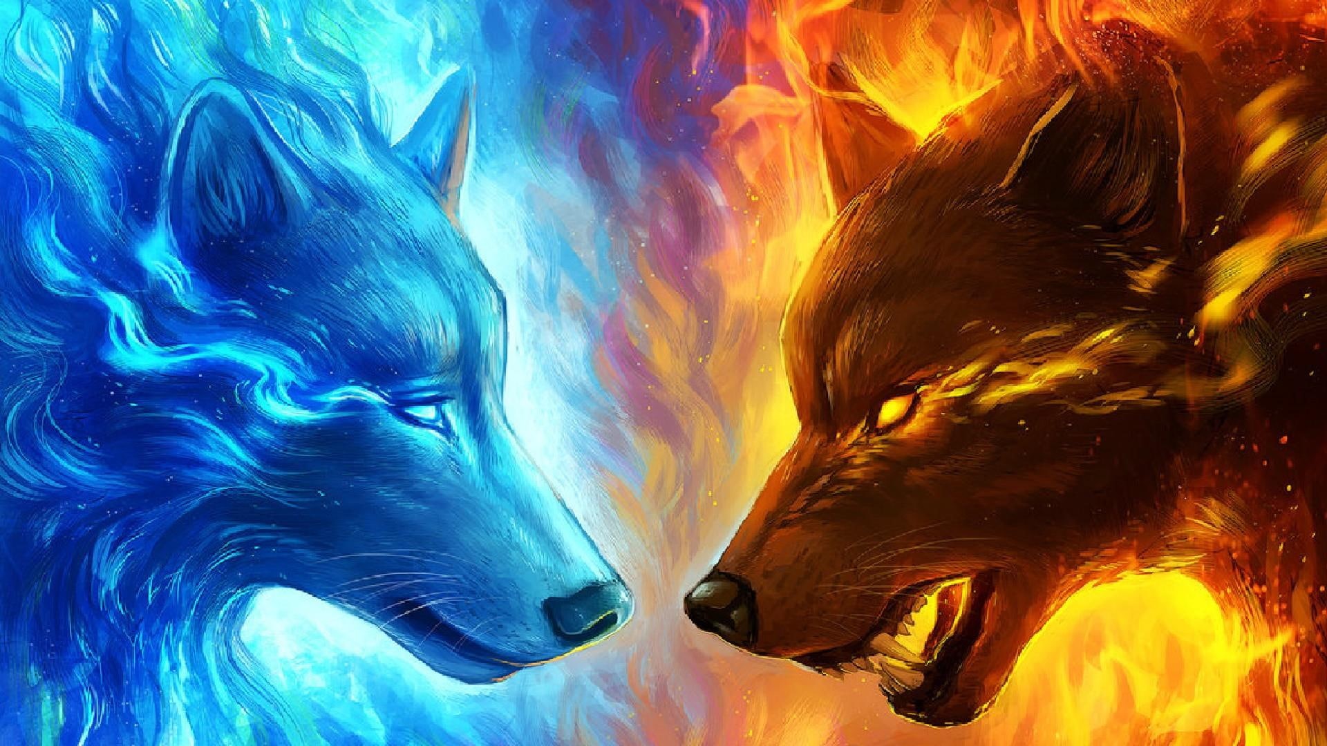 animals, abstract, red, ice, fire, blue, 1080P, HD Wallpaper