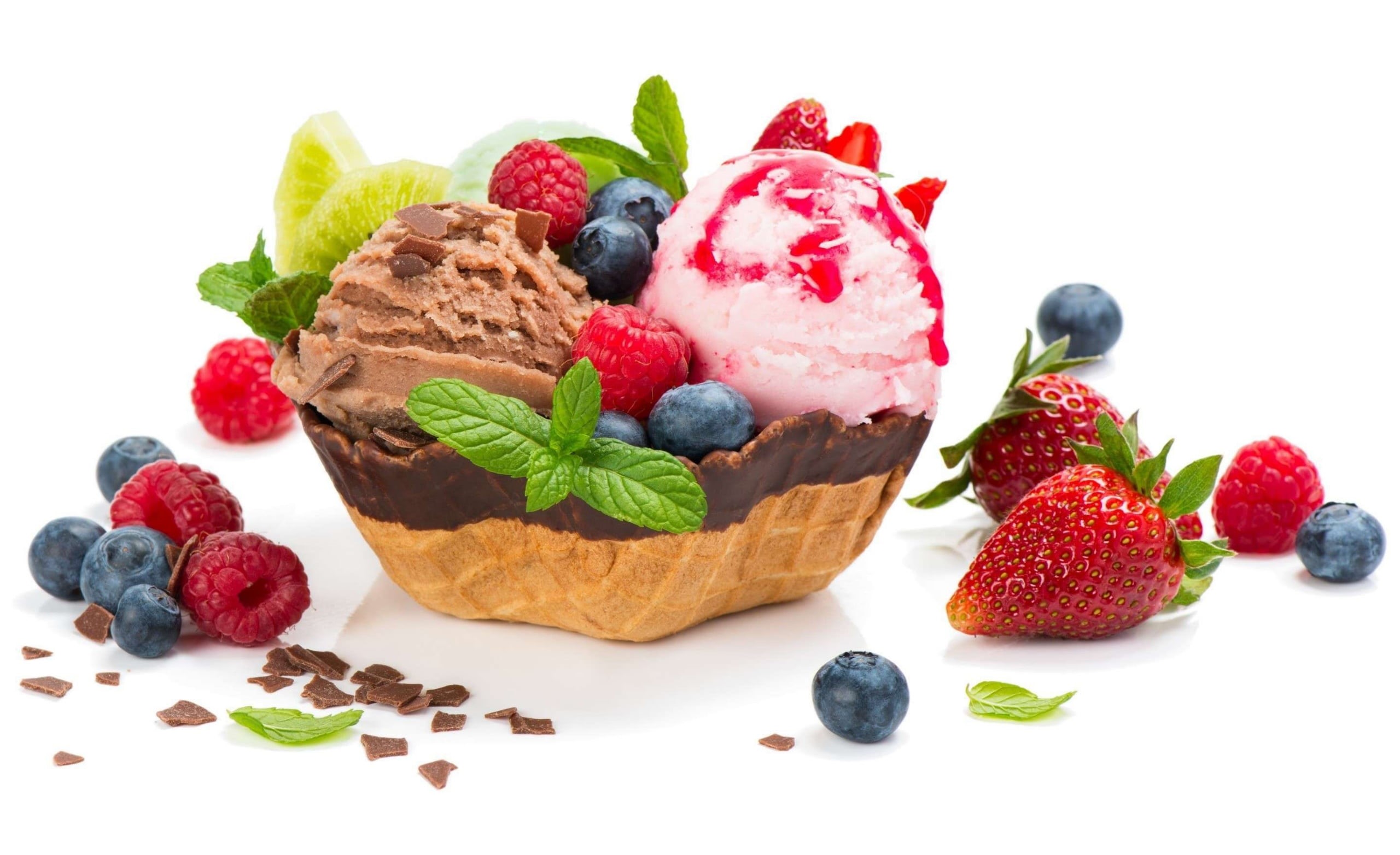 sweet, temptation, mint leaf - culinary, ice cream, white background, dessert, indulgence, ready-to-eat, healthy eating, indoors, 2K, berry fruit, no people, HD Wallpaper