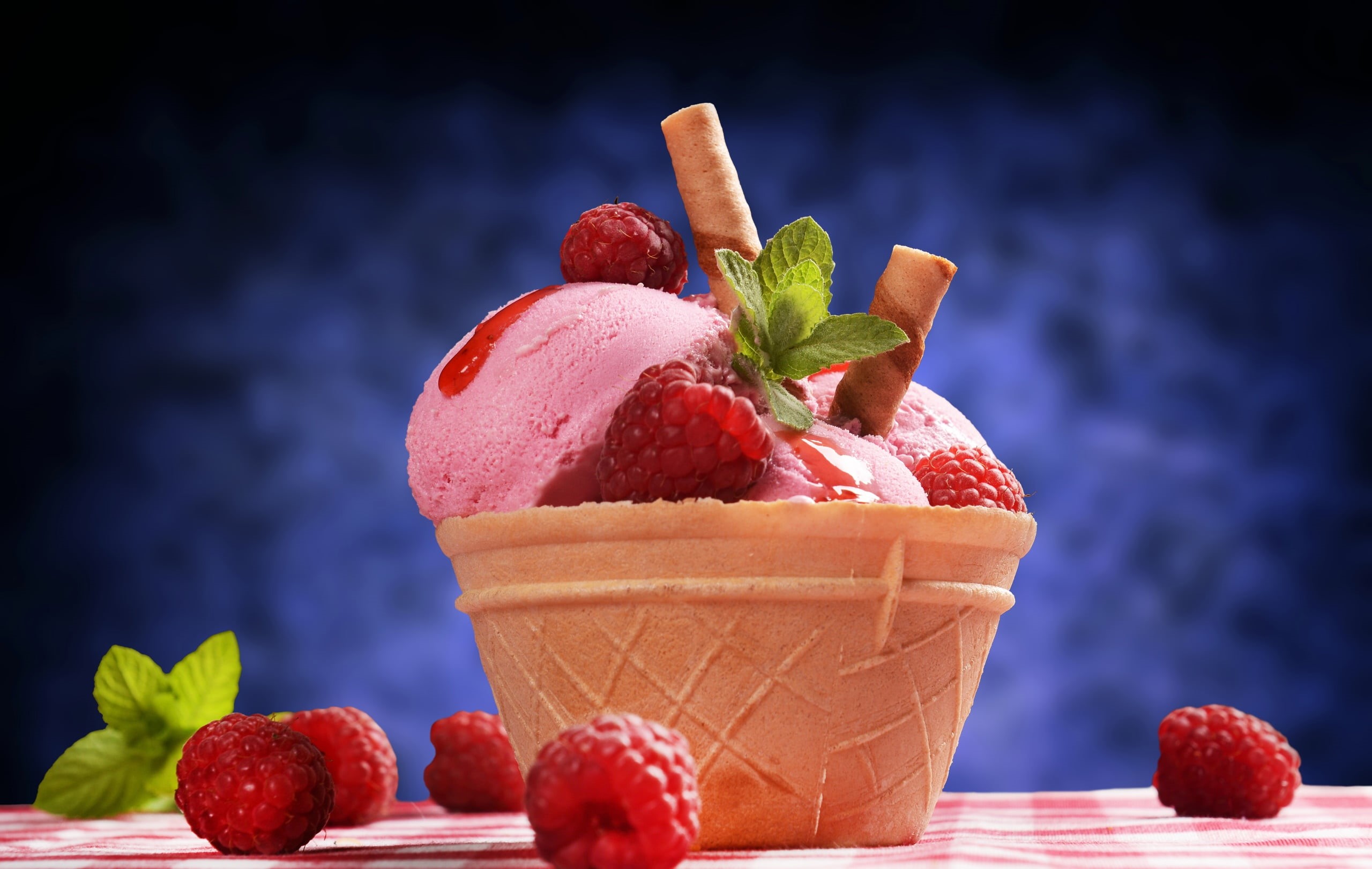 healthy eating, purple, no people, ice cream, sweet, frozen food, snack, dairy product, dessert, raspberry, sweets, blue background, red, 2K, freshness, HD Wallpaper