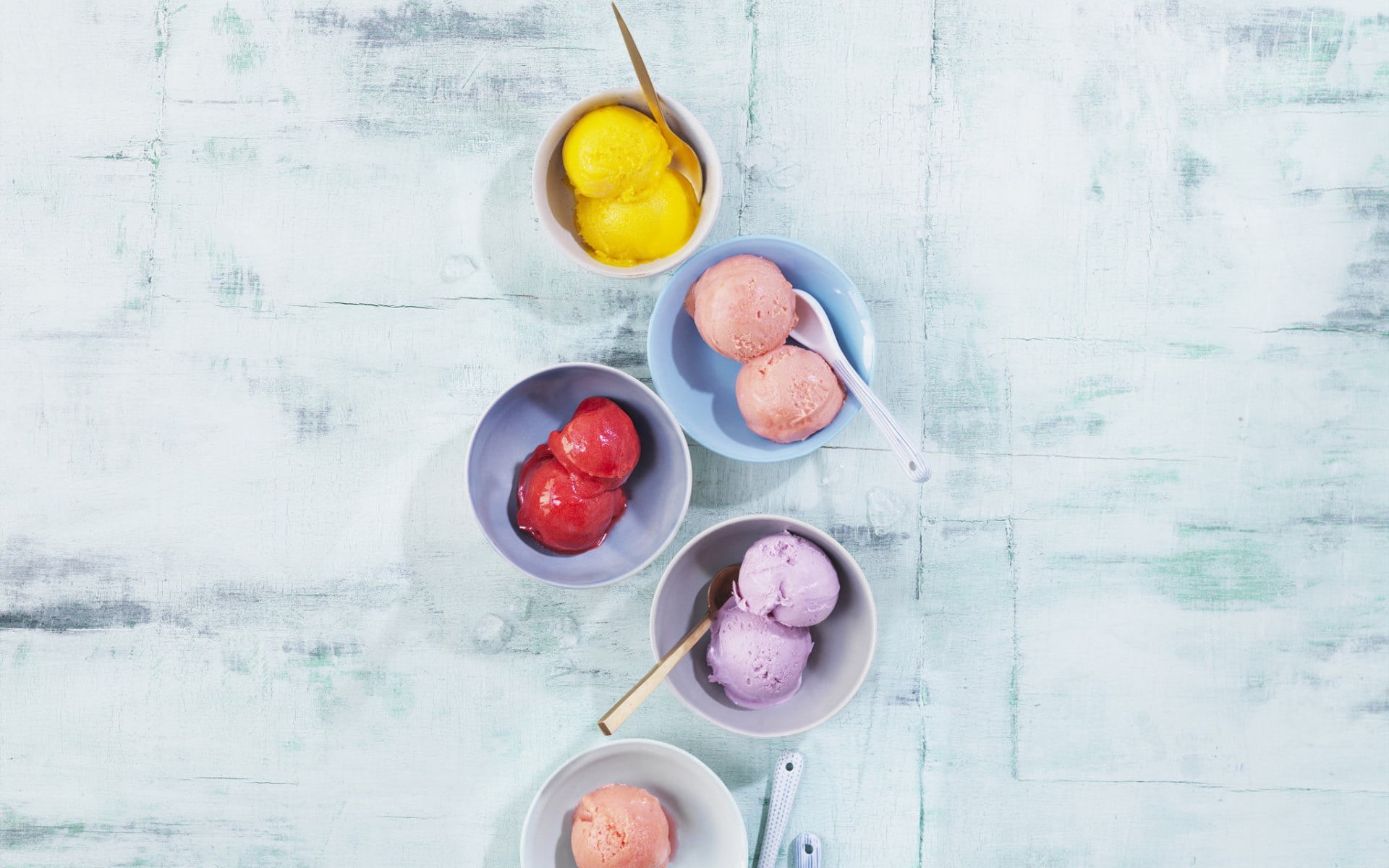 bowl, high angle view, variation, wood - material, vegetable, 1080P, colorful, spoons, temptation, indoors, still life, no people, ice cream, bowls, freshness, HD Wallpaper