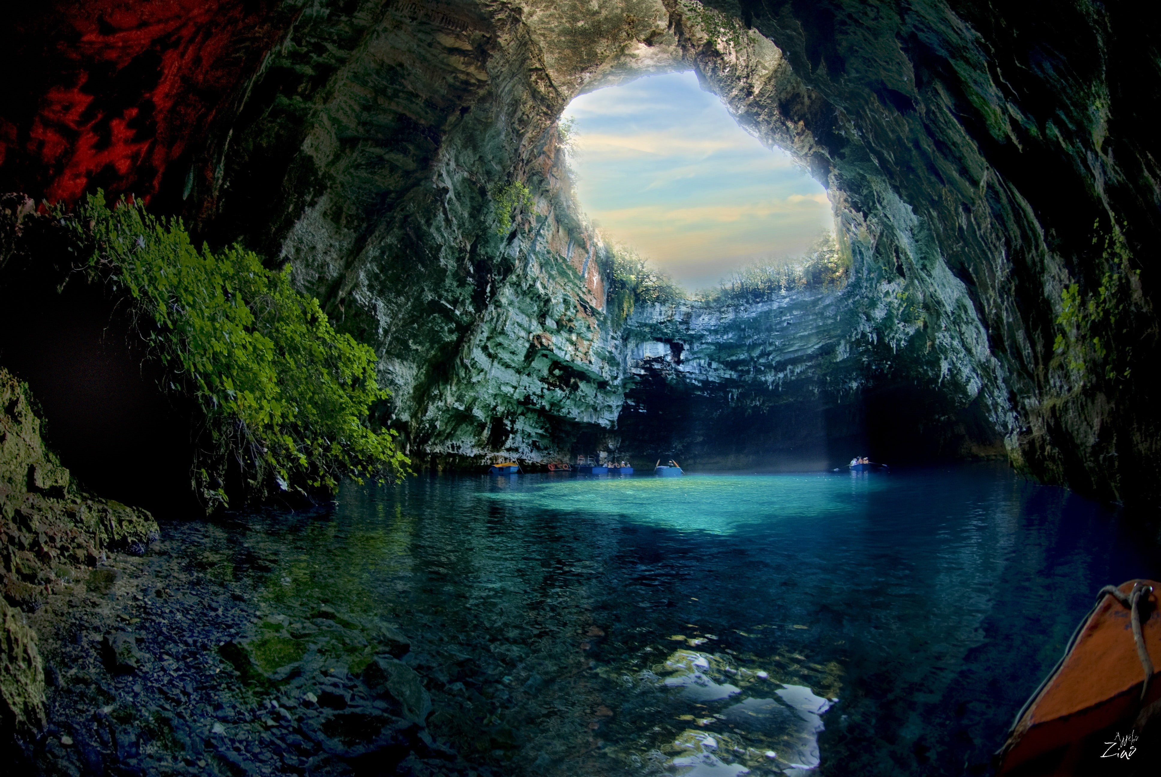 Melissani Cave, Sunlight, Nature, Cave, Cliff, 4K, Caves, Greece, Blue, HD Wallpaper