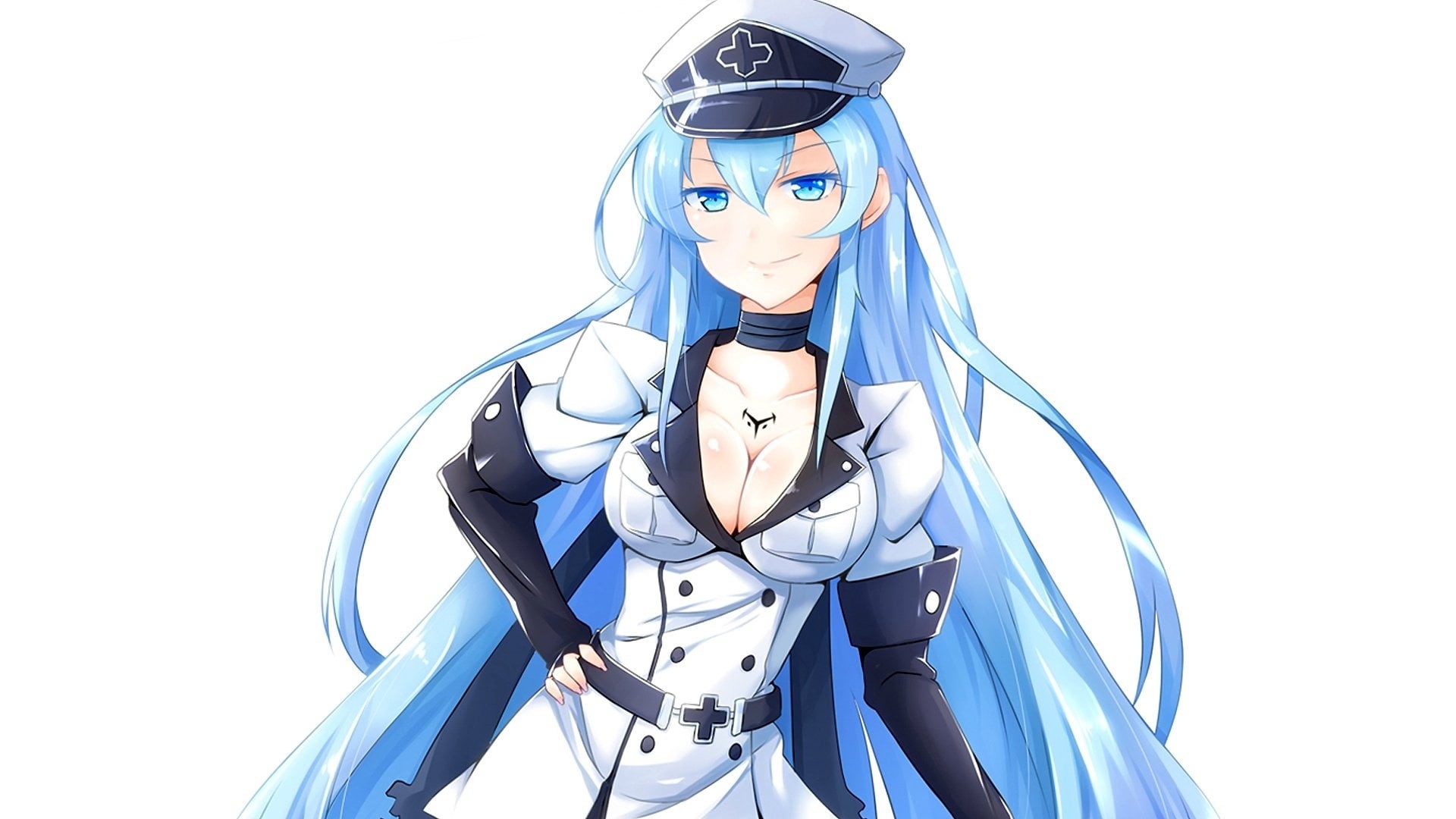 blue, woman, Akame ga Kill!, waist up, representation, front view, sunglasses, indoors, white background, technology, human representation, one person, HD Wallpaper