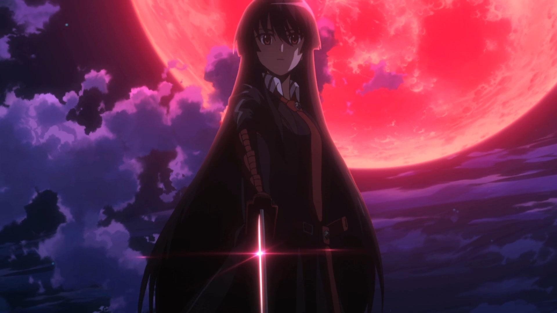 red, 1080P, one person, illuminated, architecture, Akame (Akame Ga Kill!), long, standing, fantasy, cloud - sky, nature, sphere, lens flare, futuristic, HD Wallpaper