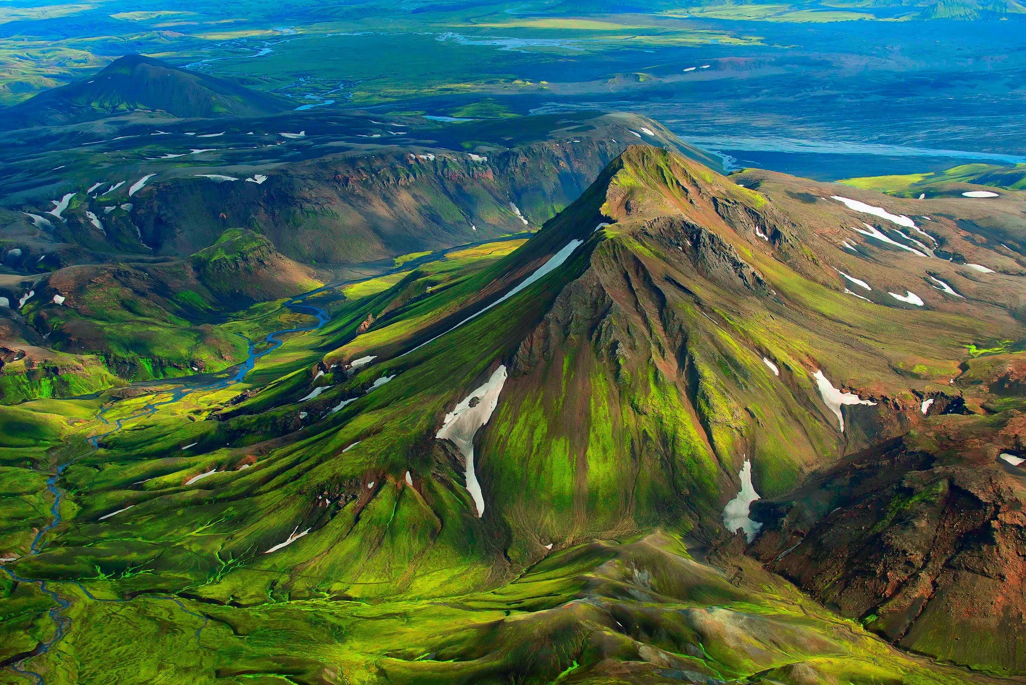high angle view, scenics - nature, mountain, tranquil scene, tranquility, green, aerial view, snow, beauty in nature, idyllic, geology, hills, 1080P, river, HD Wallpaper