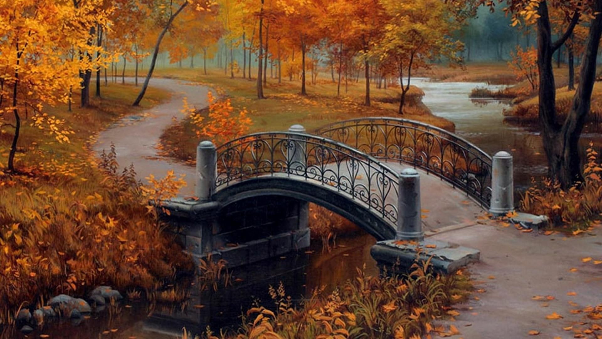 painting, artwork, art, park, autumn, nature, leaf, landscape, river, creek, 1080P, bridge, tree, HD Wallpaper